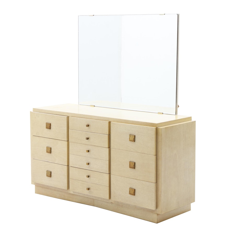 Mid-Century Modern Blonde Wood Chest and Mirror by American of Martinsville