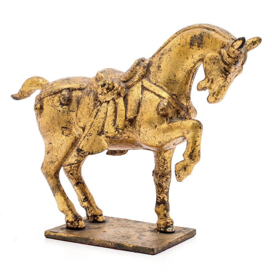 Chinese Gilt Cast Iron Tang Style Horse Sculpture