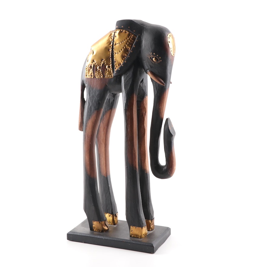 Wood and Brass Elephant Sculpture