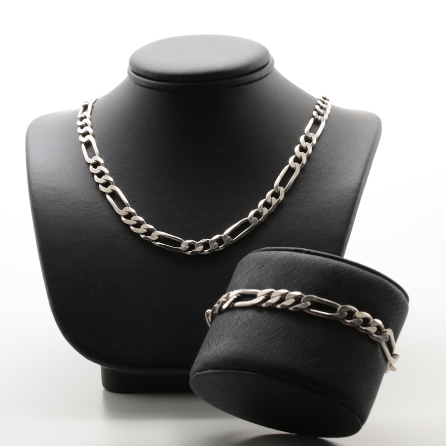 Sterling Silver Figaro Chain and Bracelet