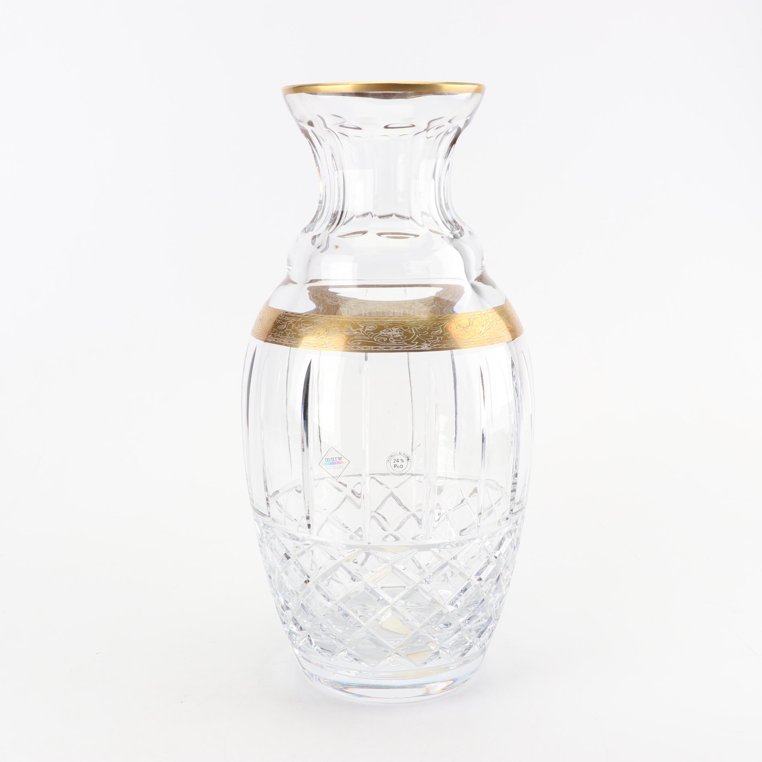 Marw Italian Crystal Vase with Gilt Trim