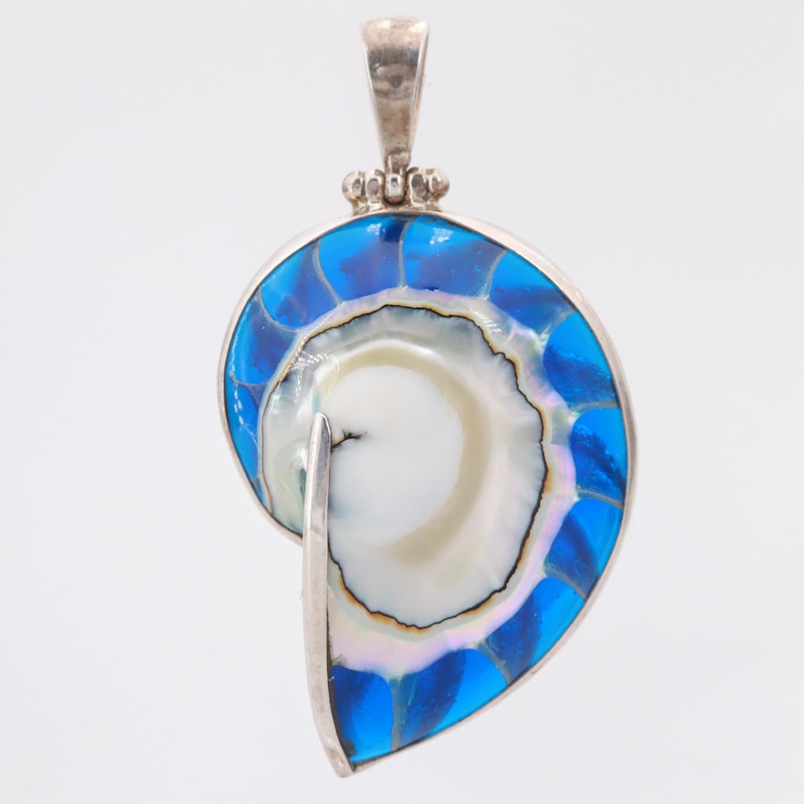 Sterling Silver Shell with Blue Resin Pendant