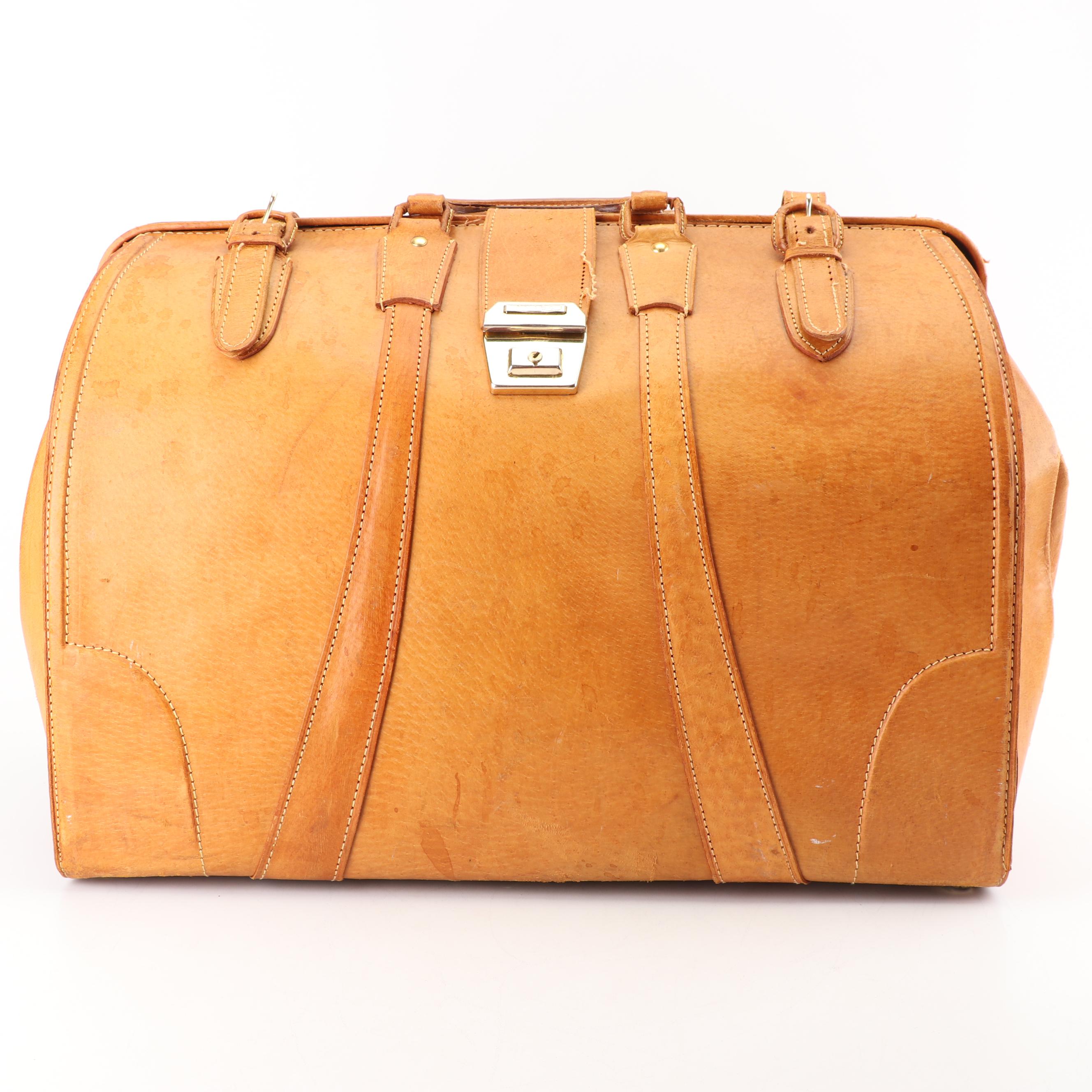 1950s Vintage Golden Leaf of Shanghai, China Tan Pigskin Leather Doctor's Bag