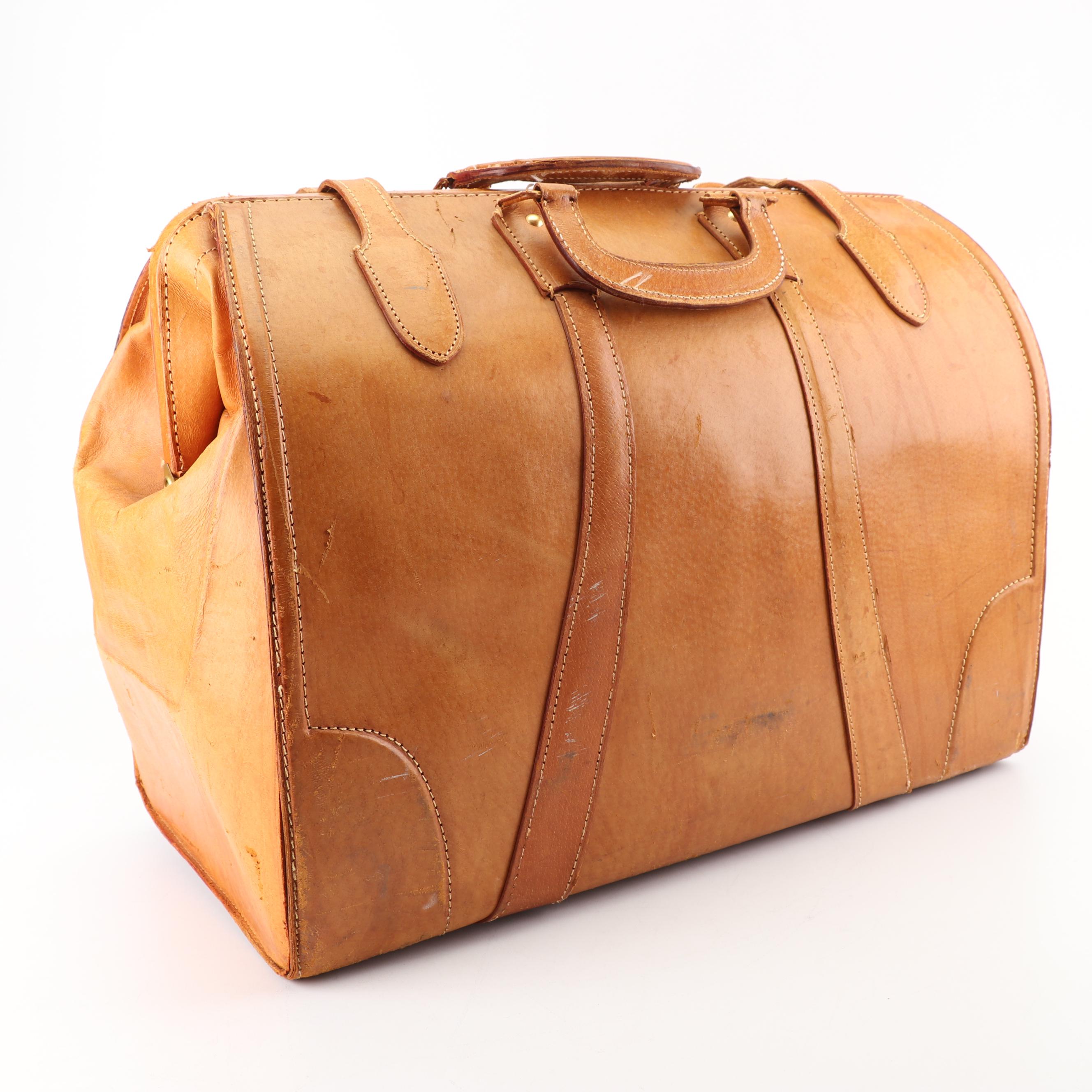 1950s Vintage Golden Leaf of Shanghai, China Tan Pigskin Leather Doctor's Bag