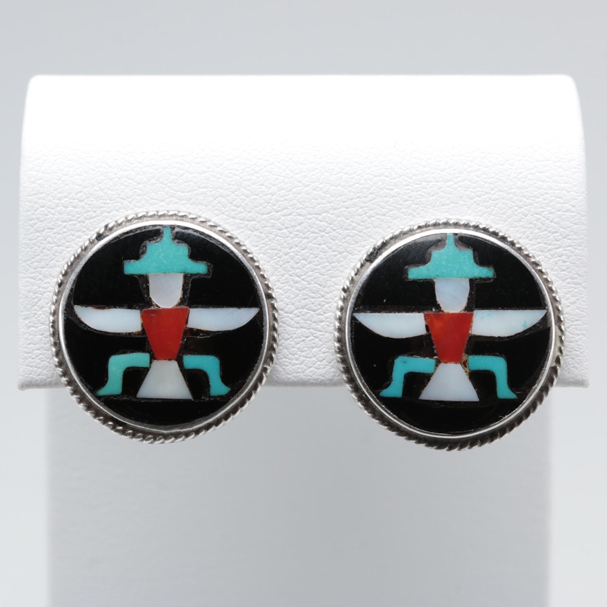 Southwestern Sterling Turquoise and Gemstone Inlay Thunderbird Motif Earrings