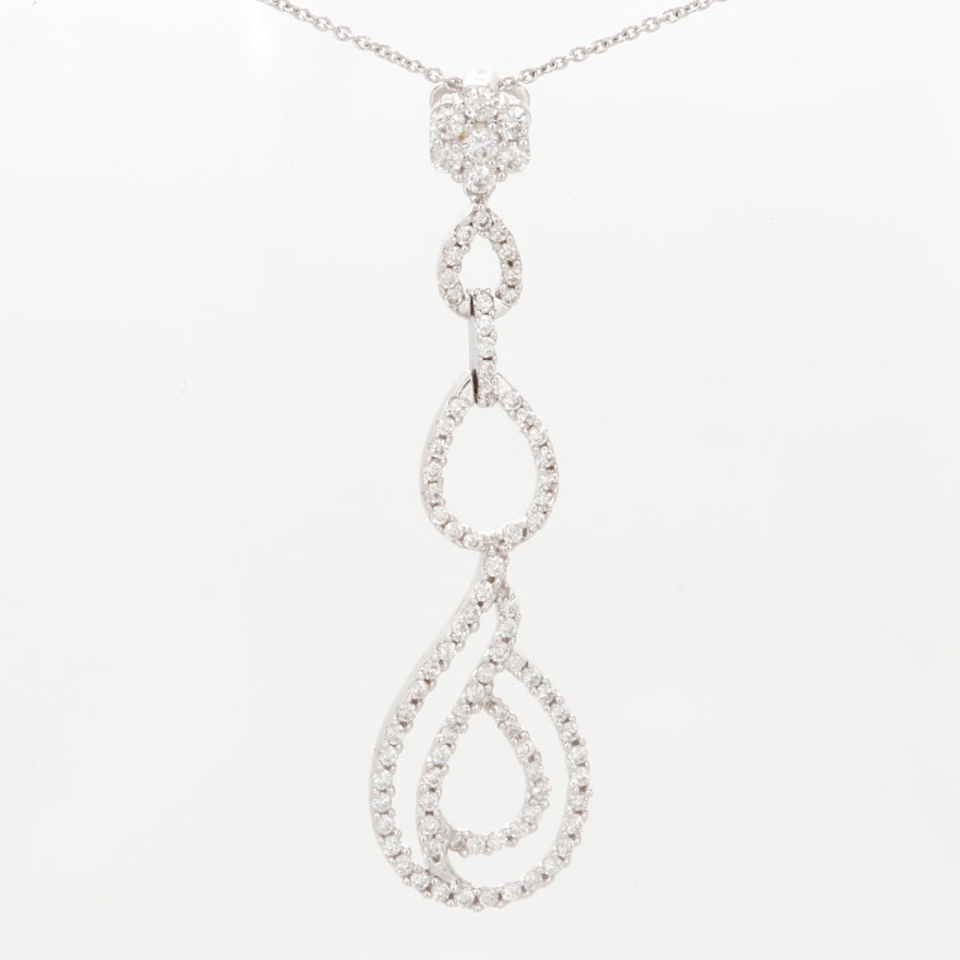 18K White Gold Diamond Drop Pendant on 14K White Gold Chain Necklace