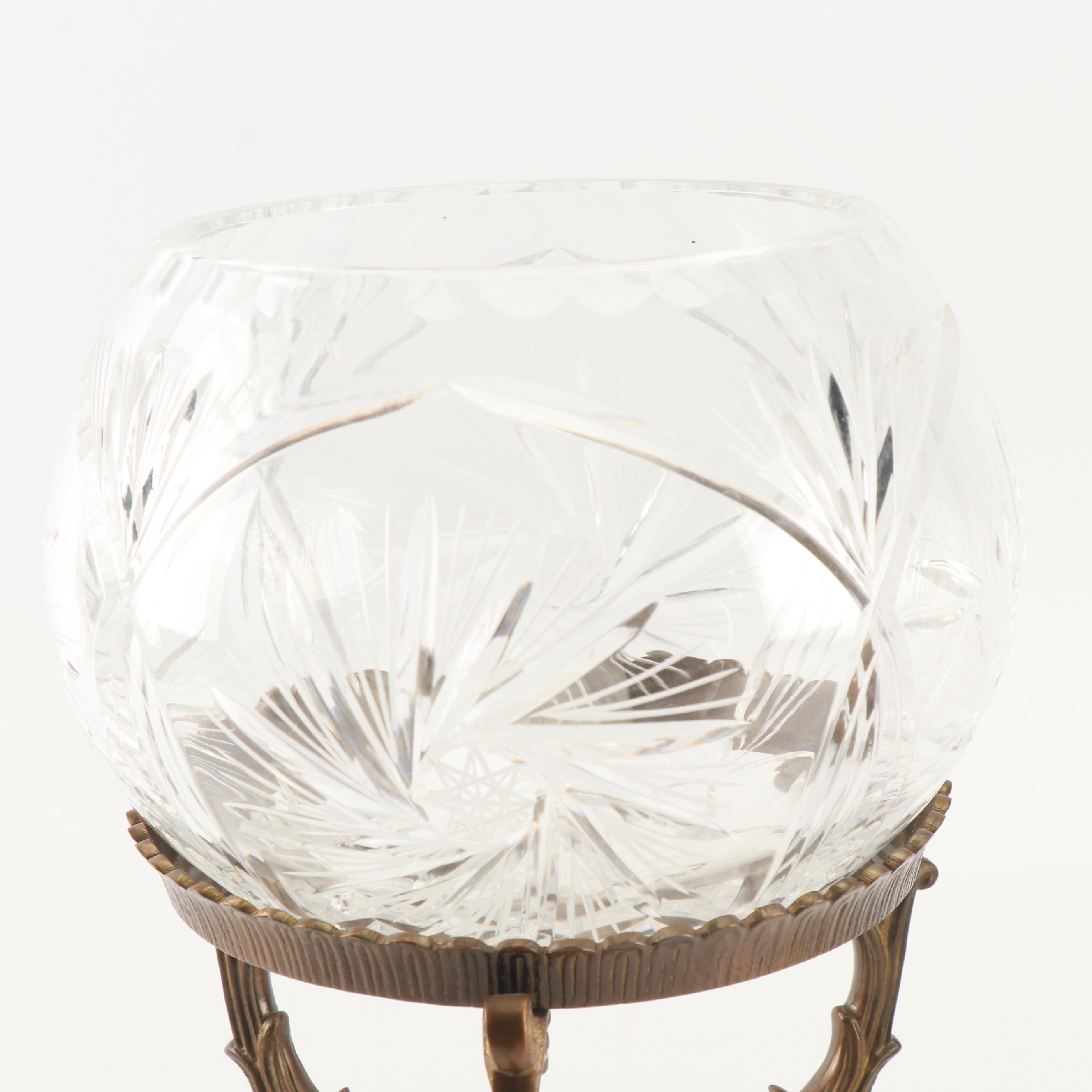 Pair of Brass Stands with Crystal Rose Bowls