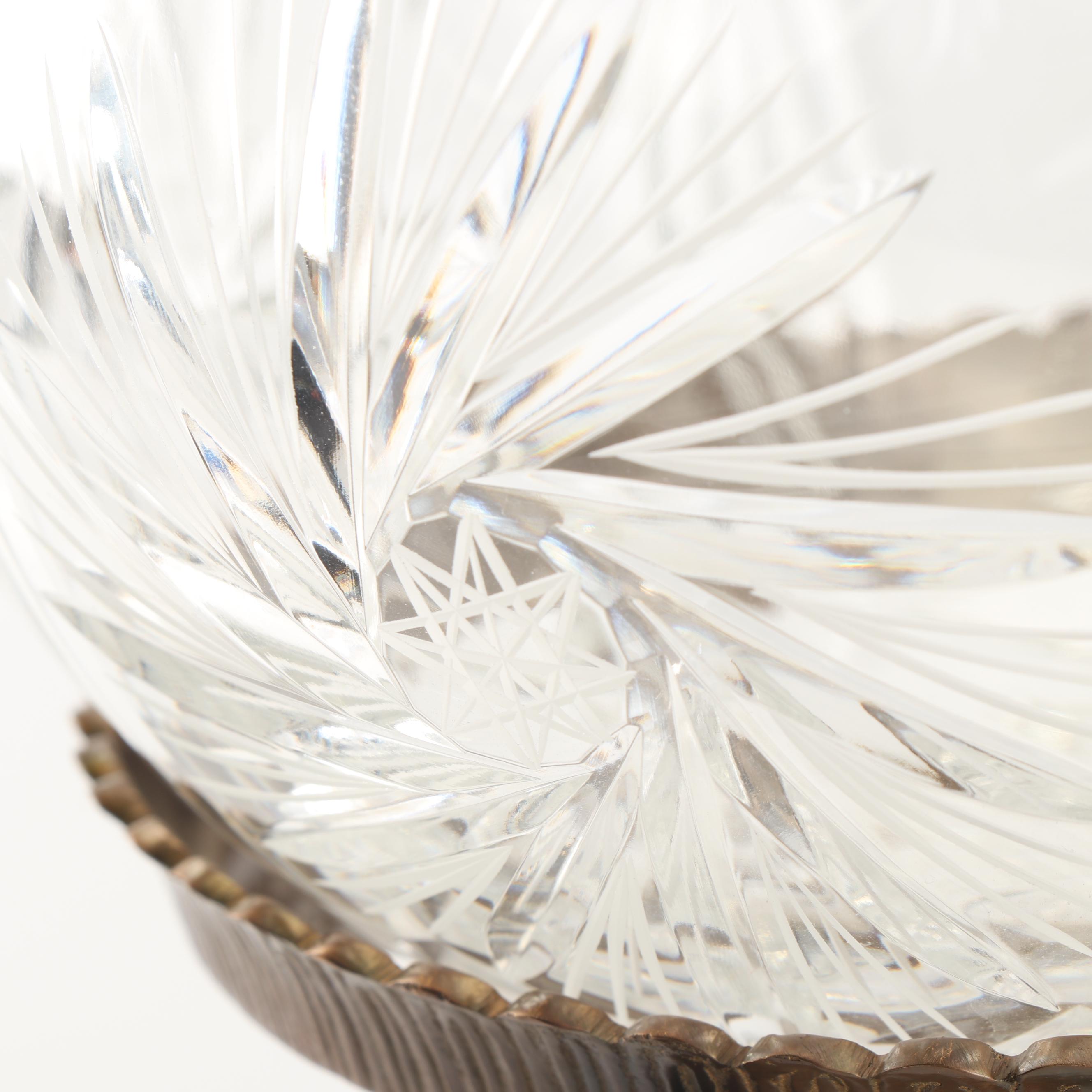 Pair of Brass Stands with Crystal Rose Bowls