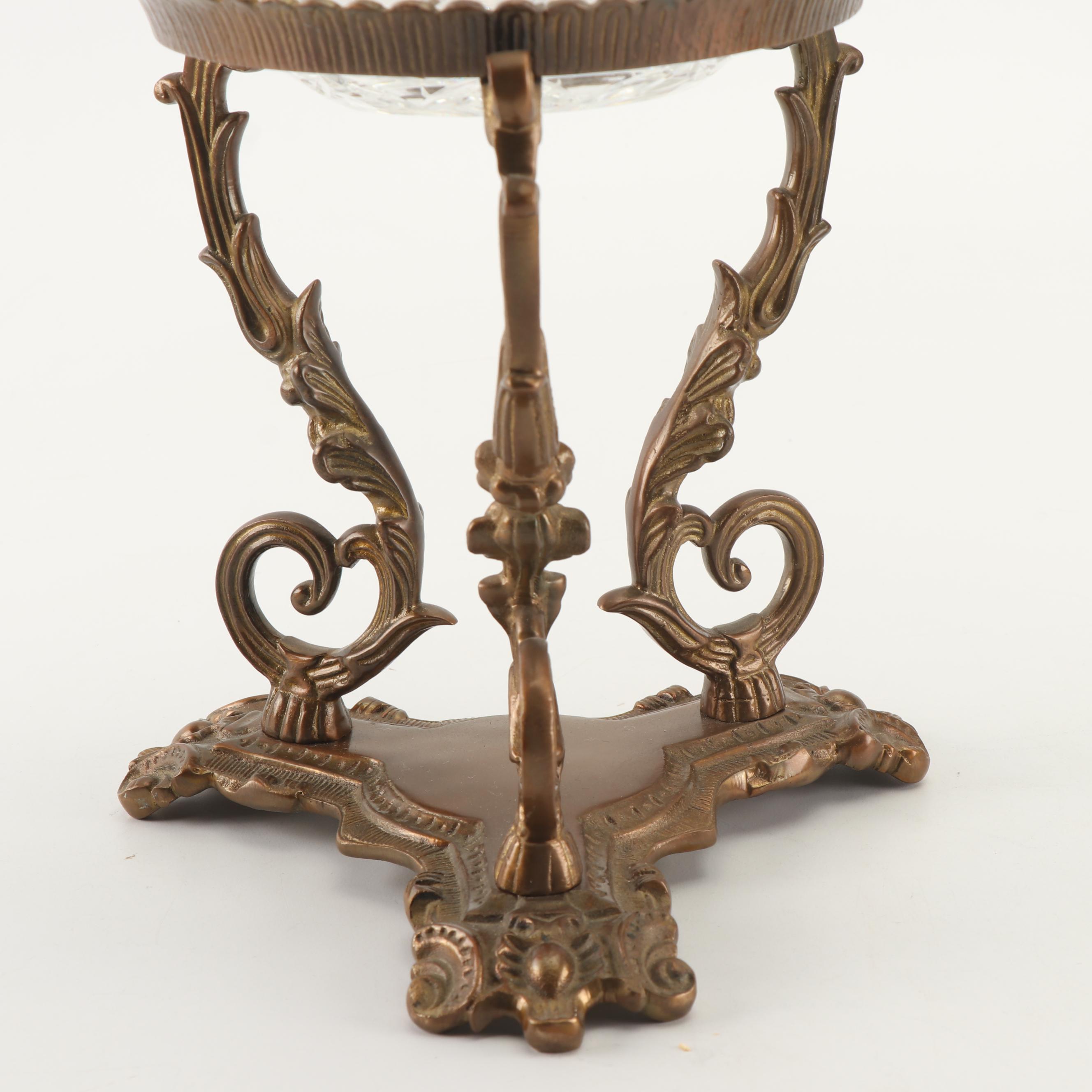 Pair of Brass Stands with Crystal Rose Bowls