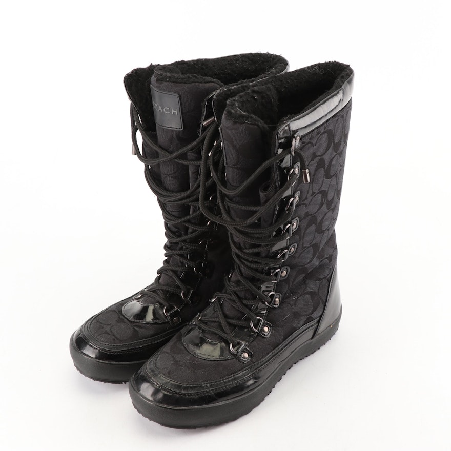 Women's Coach Signature Peggey Black Canvas and Patent Leather Snow Boots