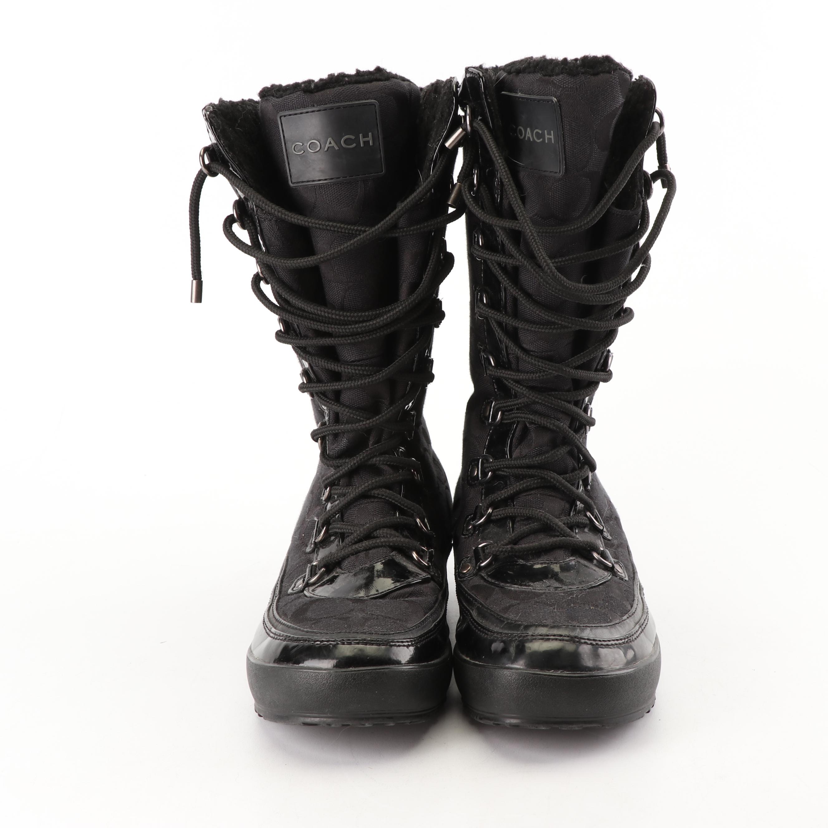 Women's Coach Signature Peggey Black Canvas and Patent Leather Snow Boots