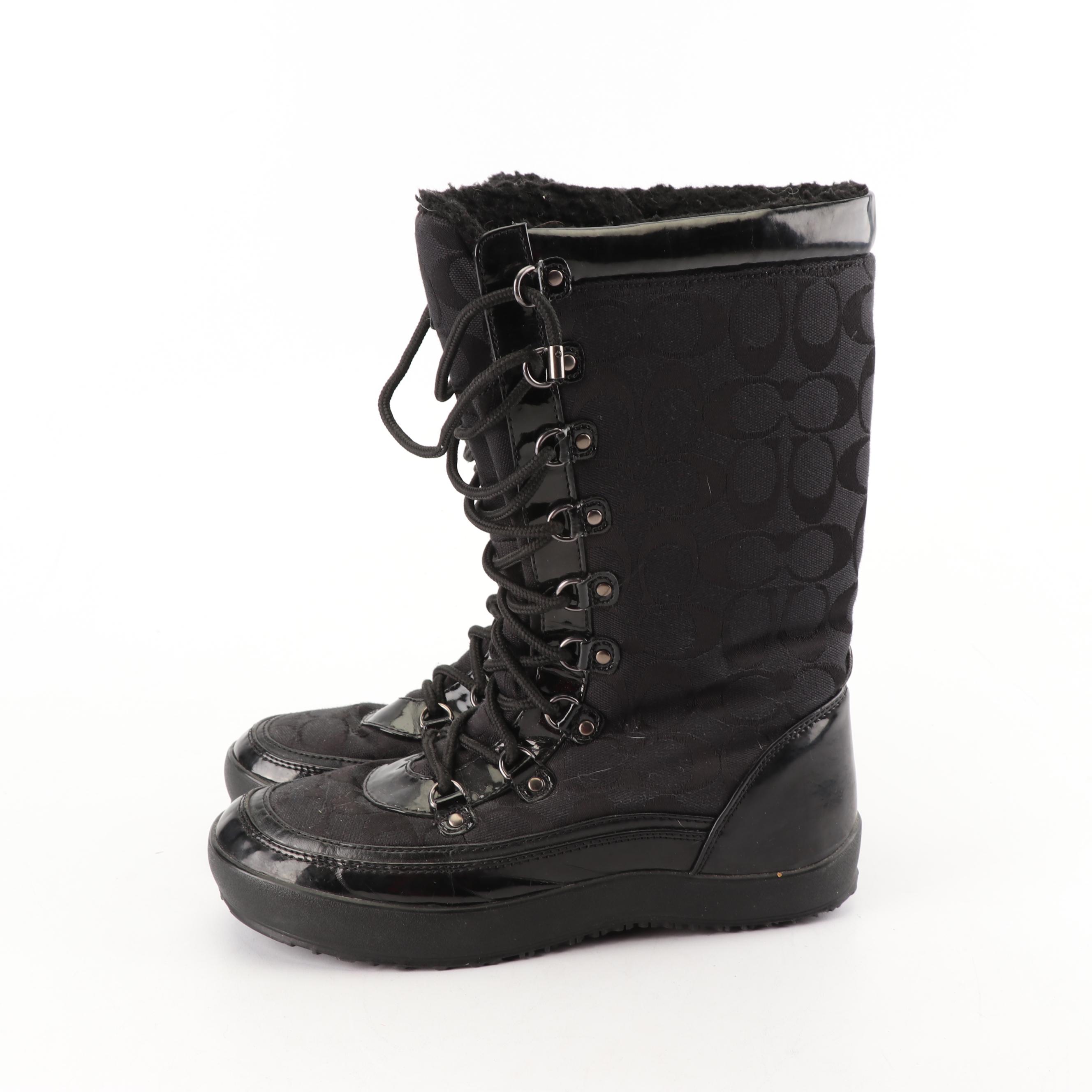 Women's Coach Signature Peggey Black Canvas and Patent Leather Snow Boots