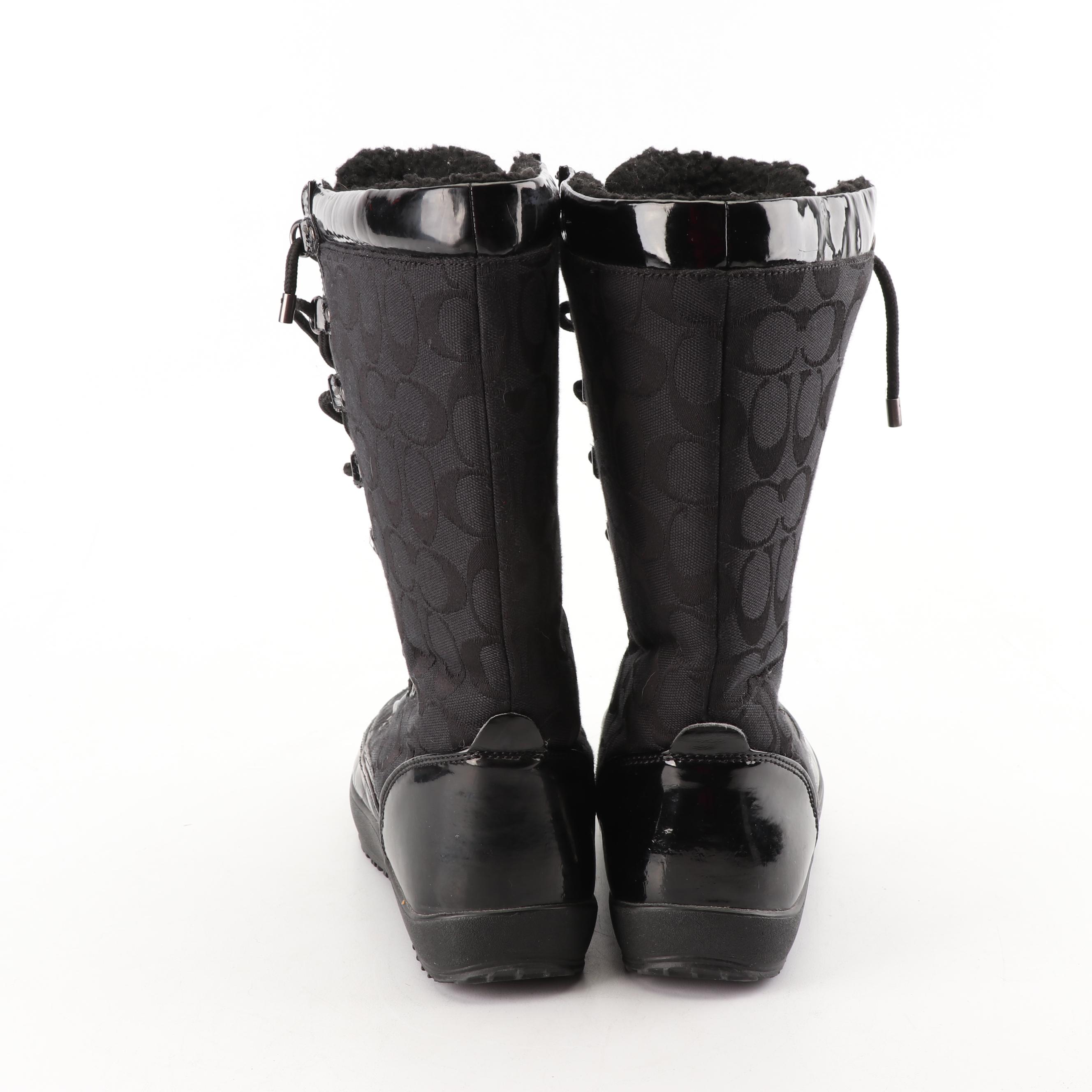 Women's Coach Signature Peggey Black Canvas and Patent Leather Snow Boots