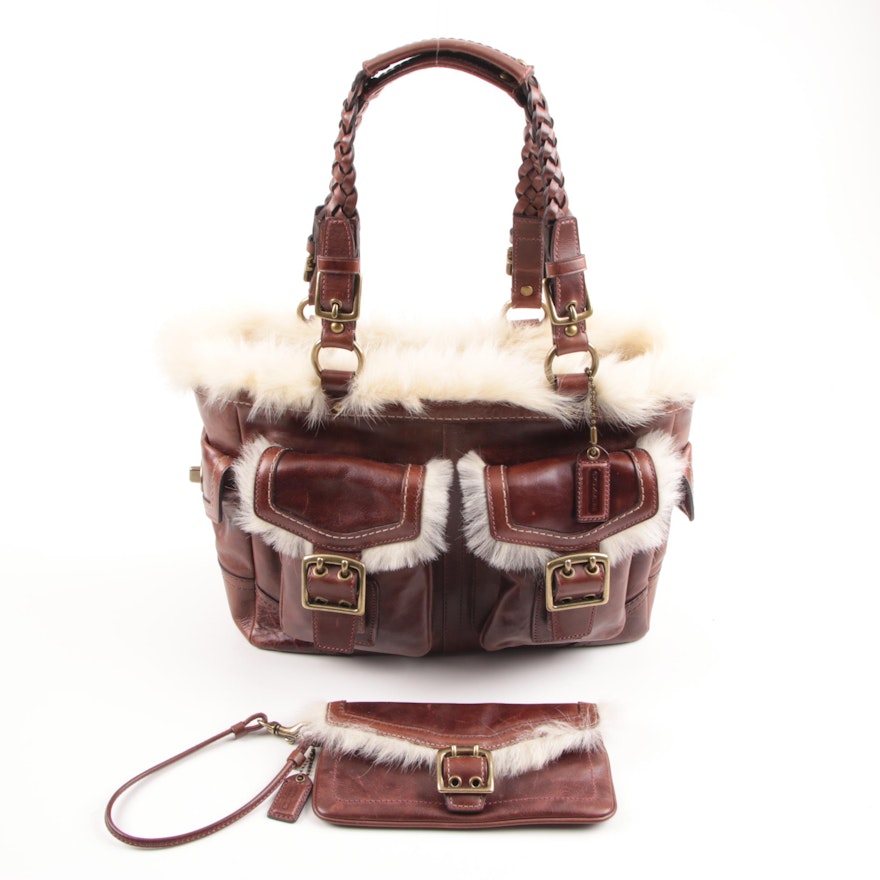 2005 Coach Brown Leather and Shearling Satchel with Matching Wristlet