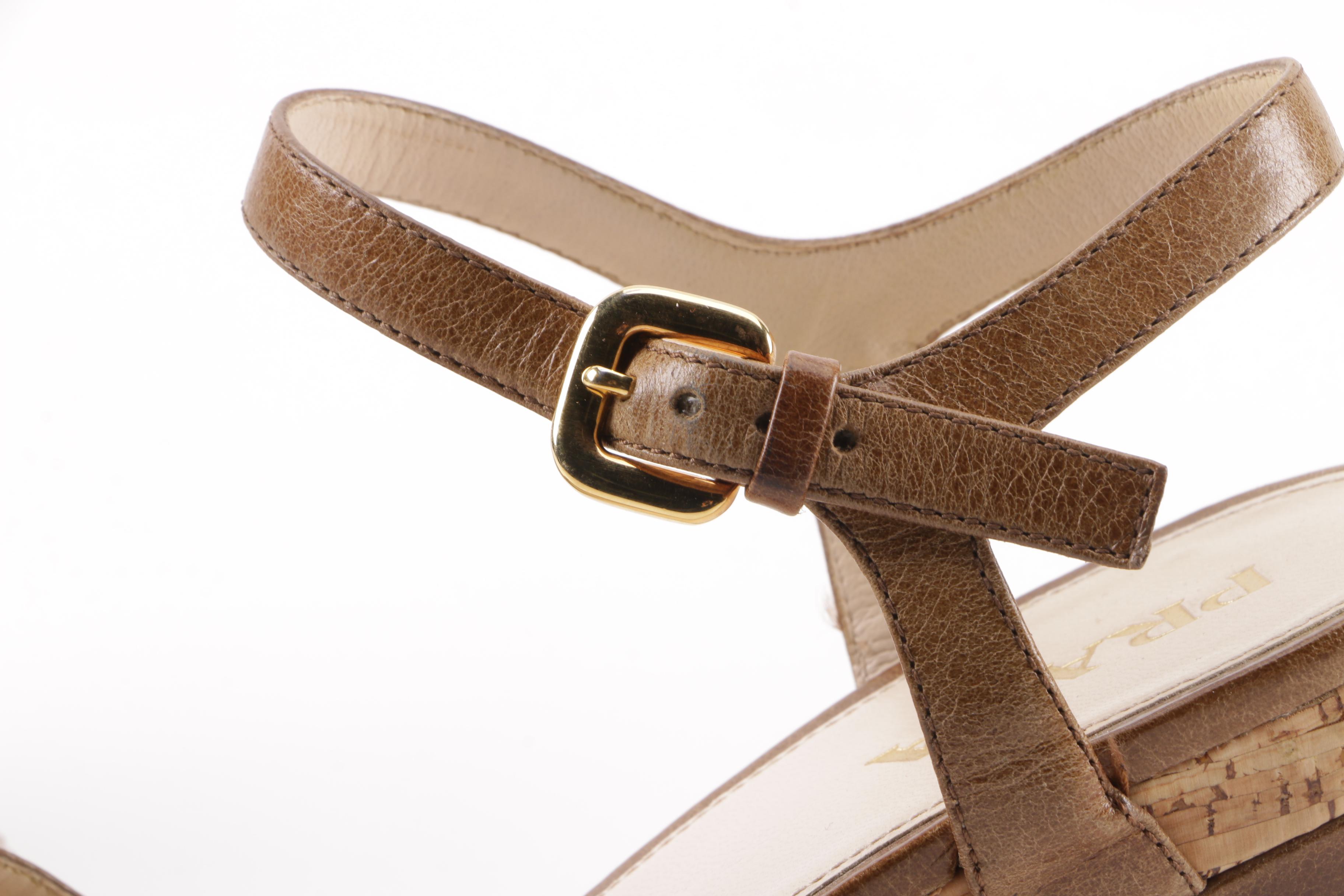 Prada Brown Leather and Cork Wedge Sandals