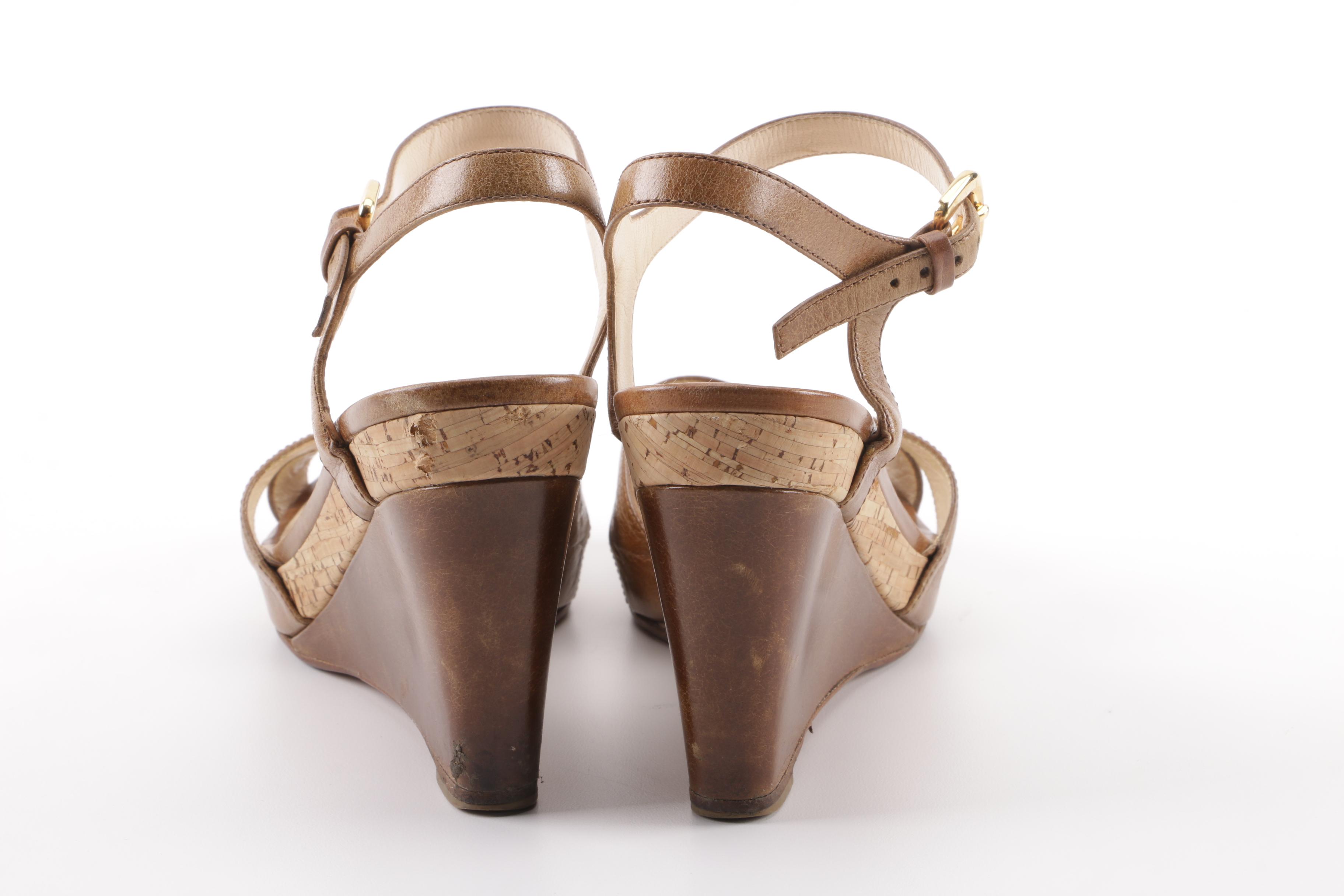 Prada Brown Leather and Cork Wedge Sandals