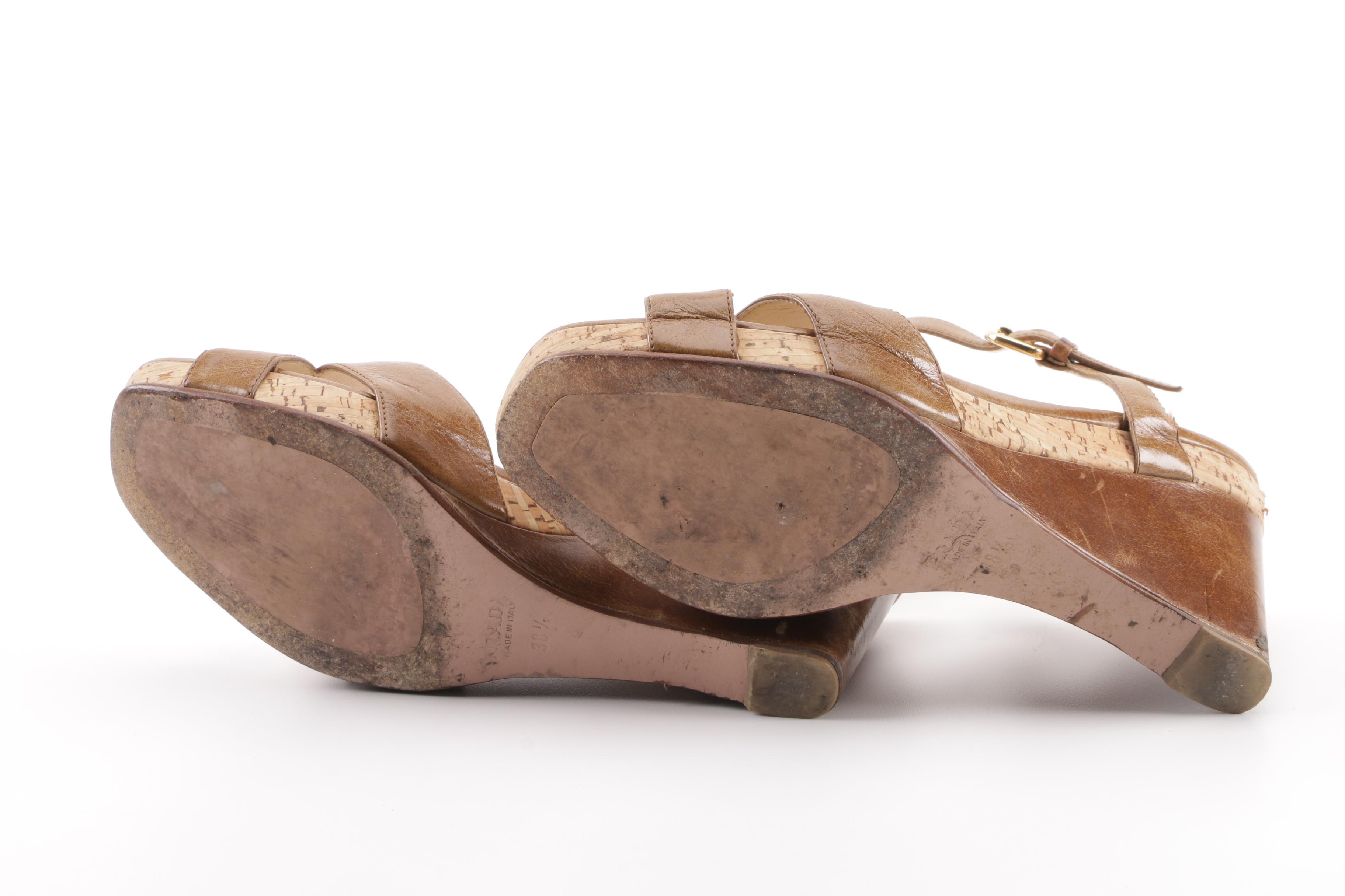 Prada Brown Leather and Cork Wedge Sandals