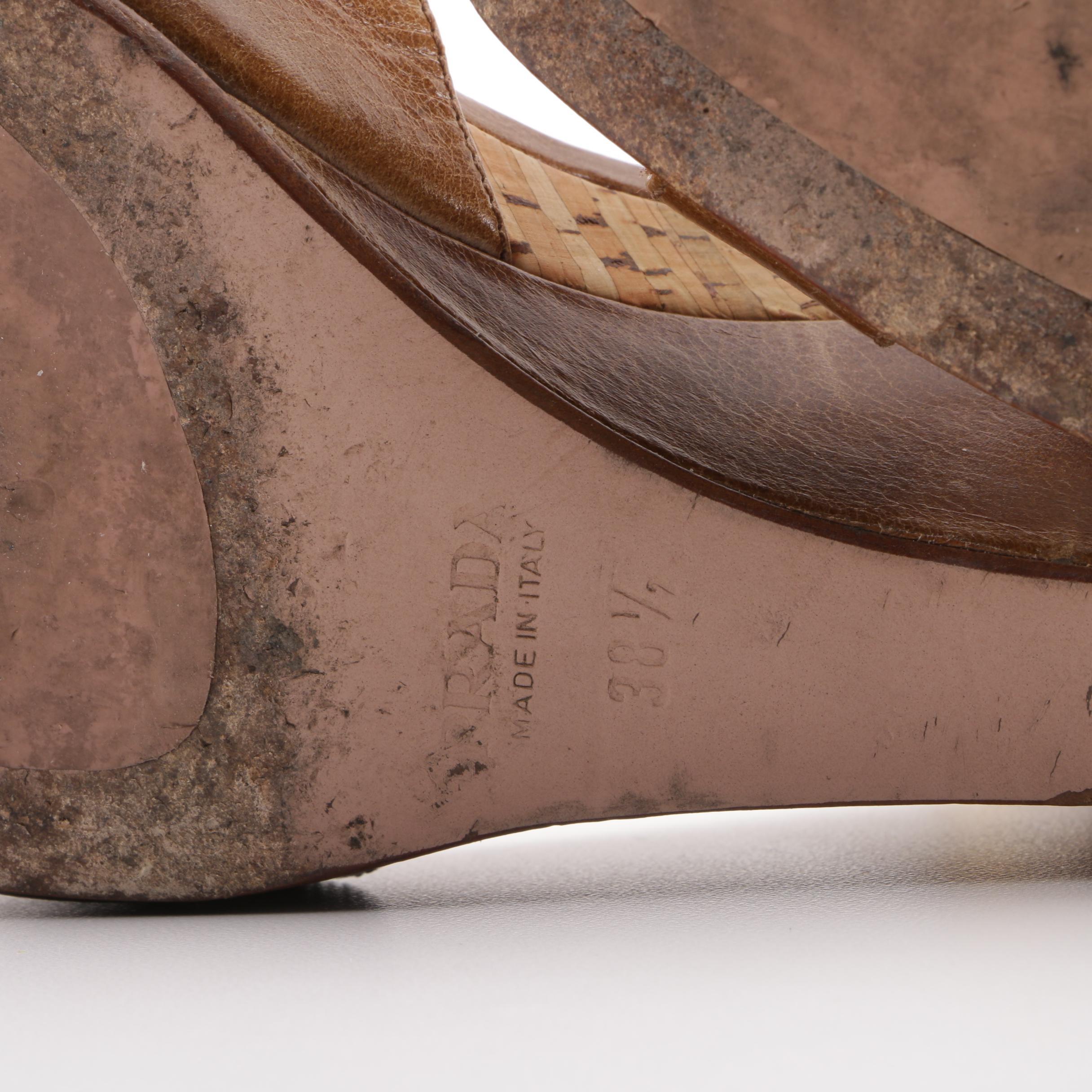 Prada Brown Leather and Cork Wedge Sandals