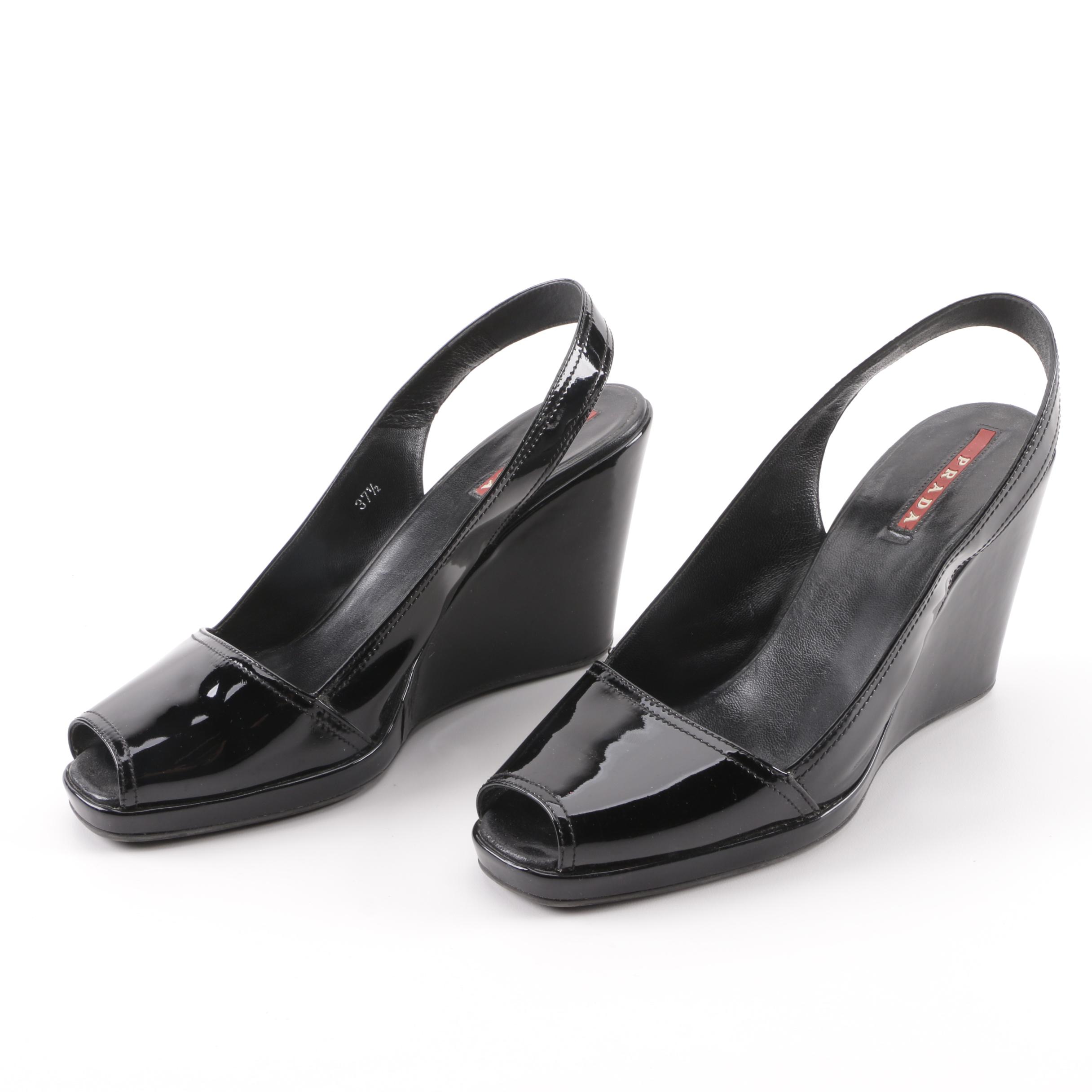 Prada Black Patent Leather Peep-Toe Slingback Wedges