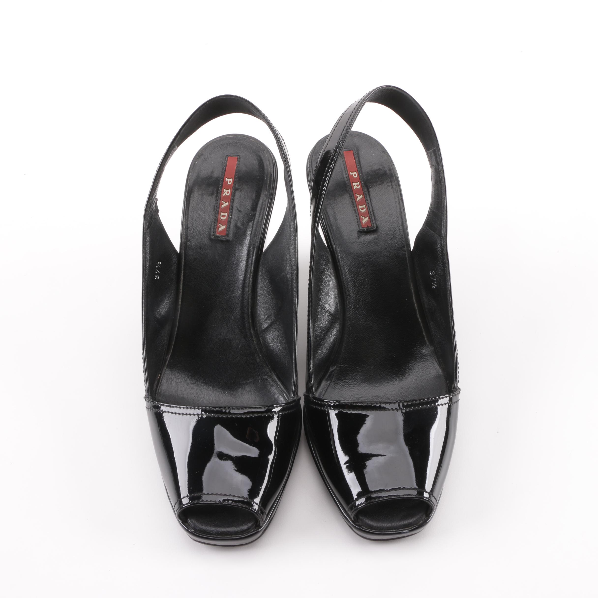 Prada Black Patent Leather Peep-Toe Slingback Wedges