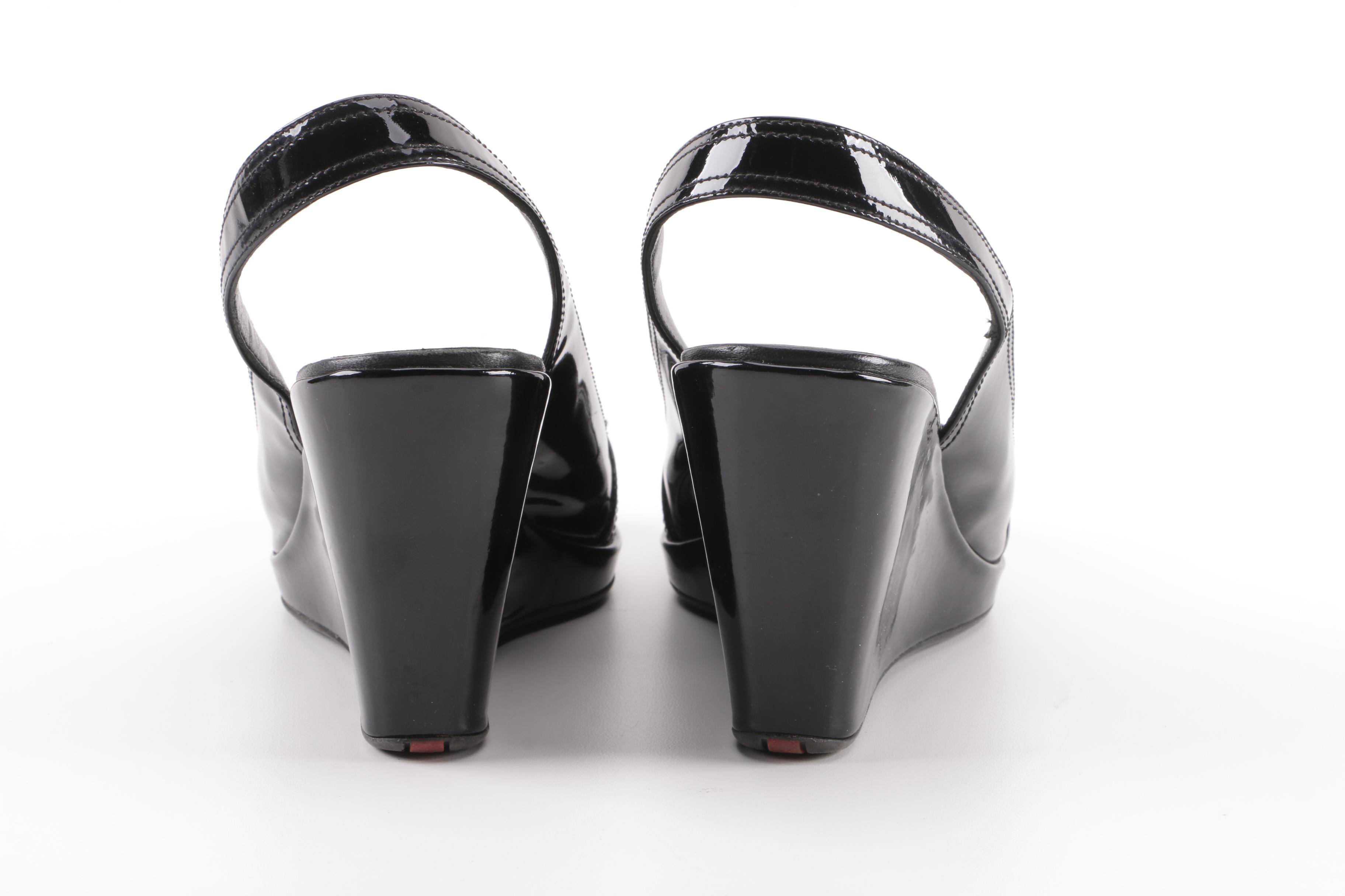Prada Black Patent Leather Peep-Toe Slingback Wedges