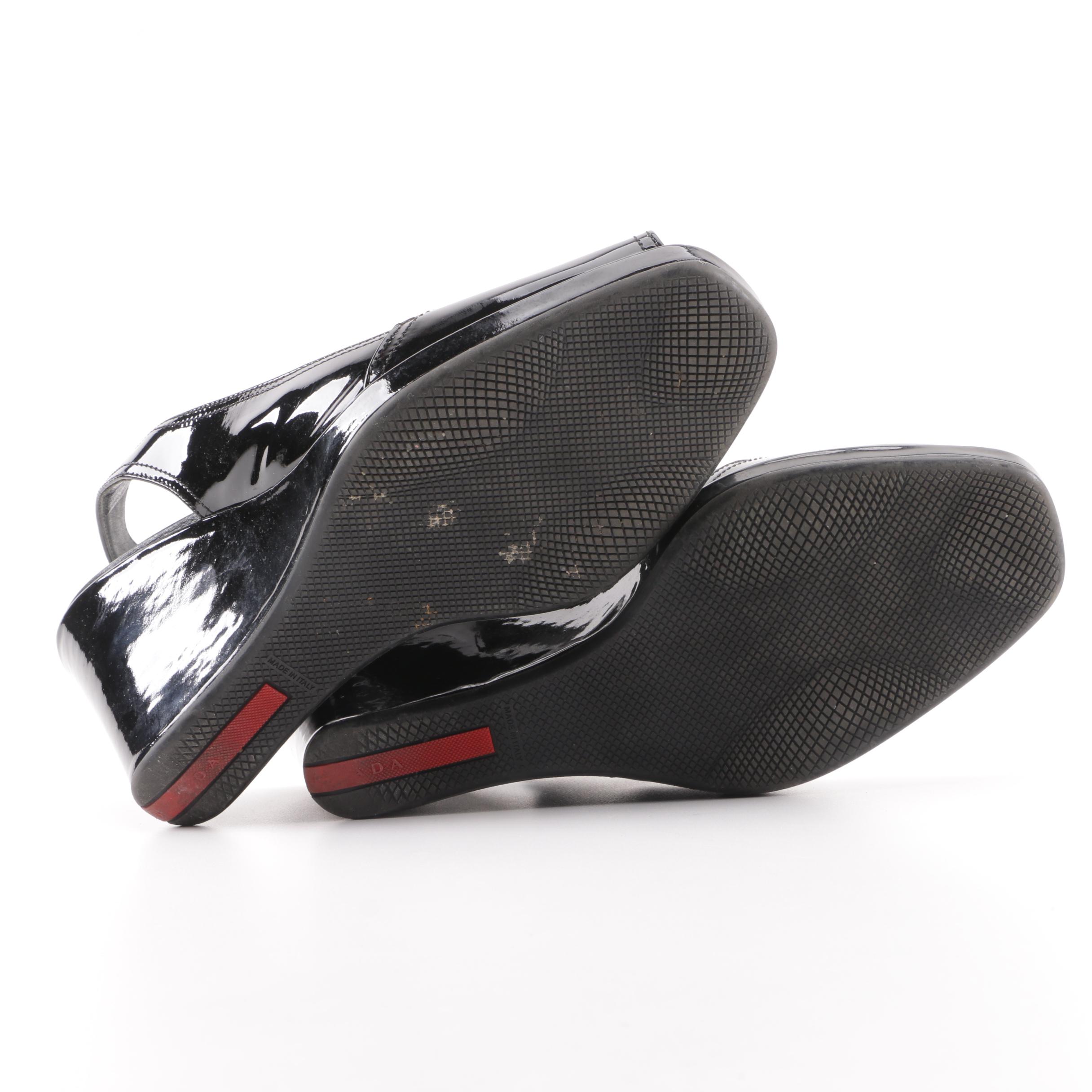 Prada Black Patent Leather Peep-Toe Slingback Wedges