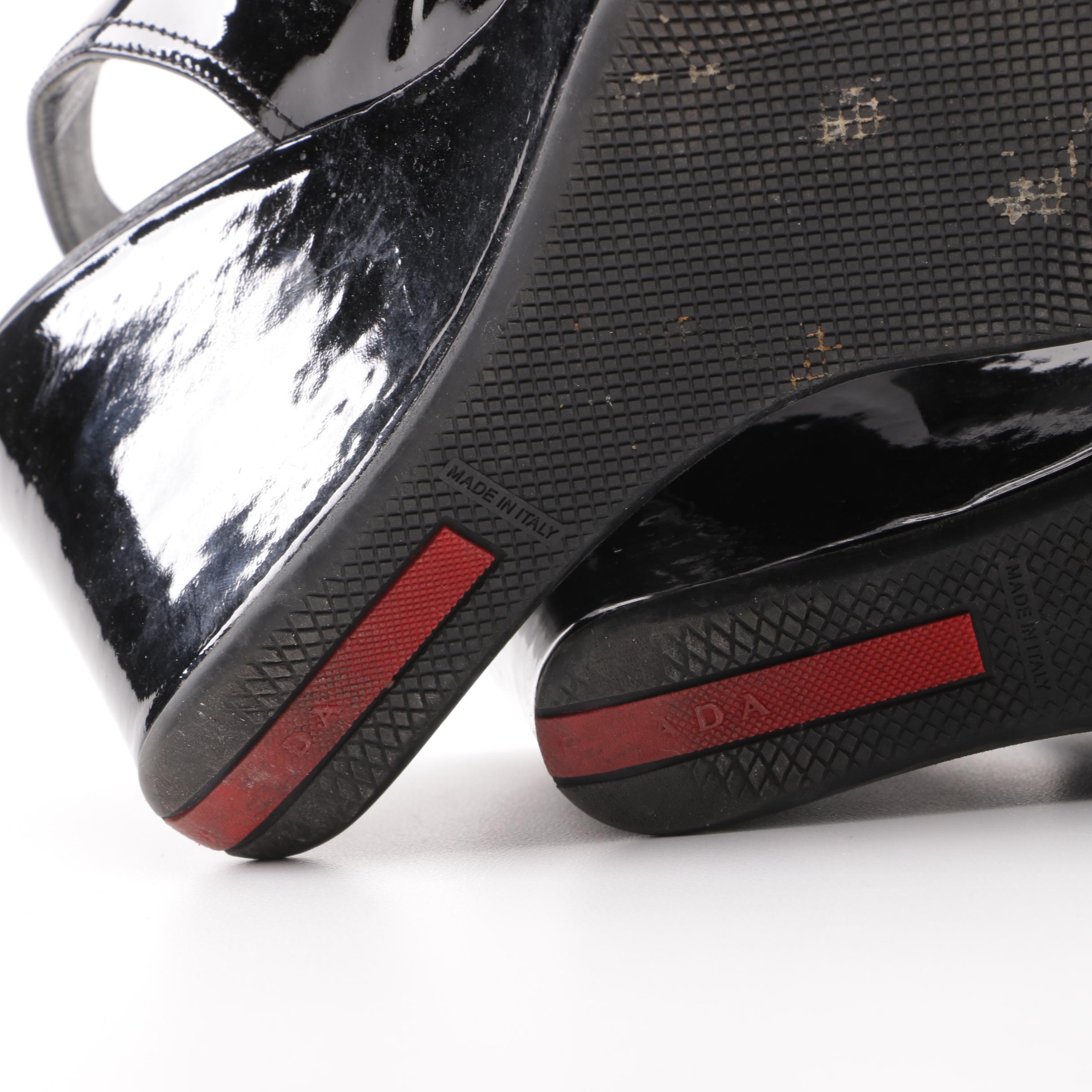 Prada Black Patent Leather Peep-Toe Slingback Wedges