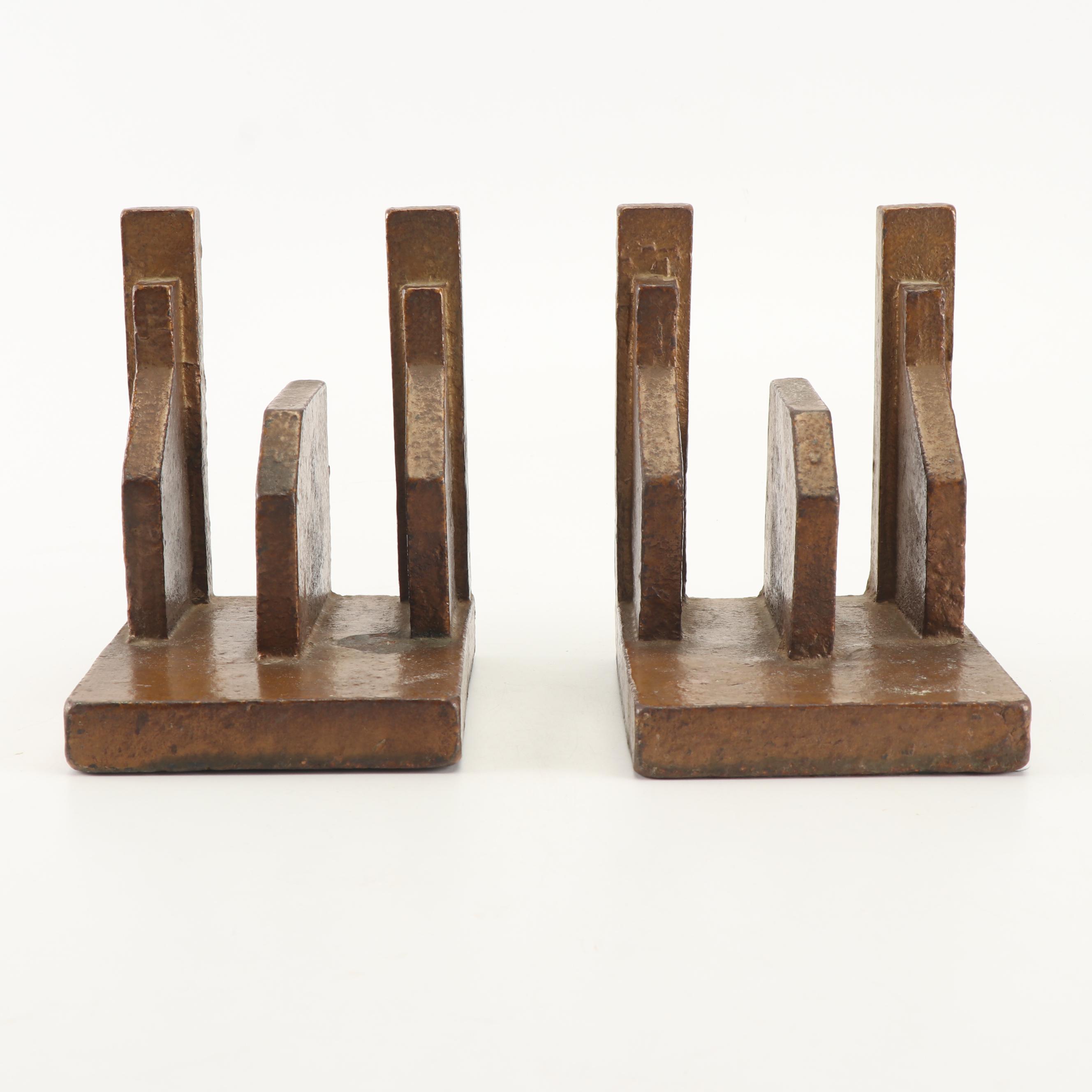 Brutalist Style Bronze Patinated Cast Iron Letter Holder Bookends