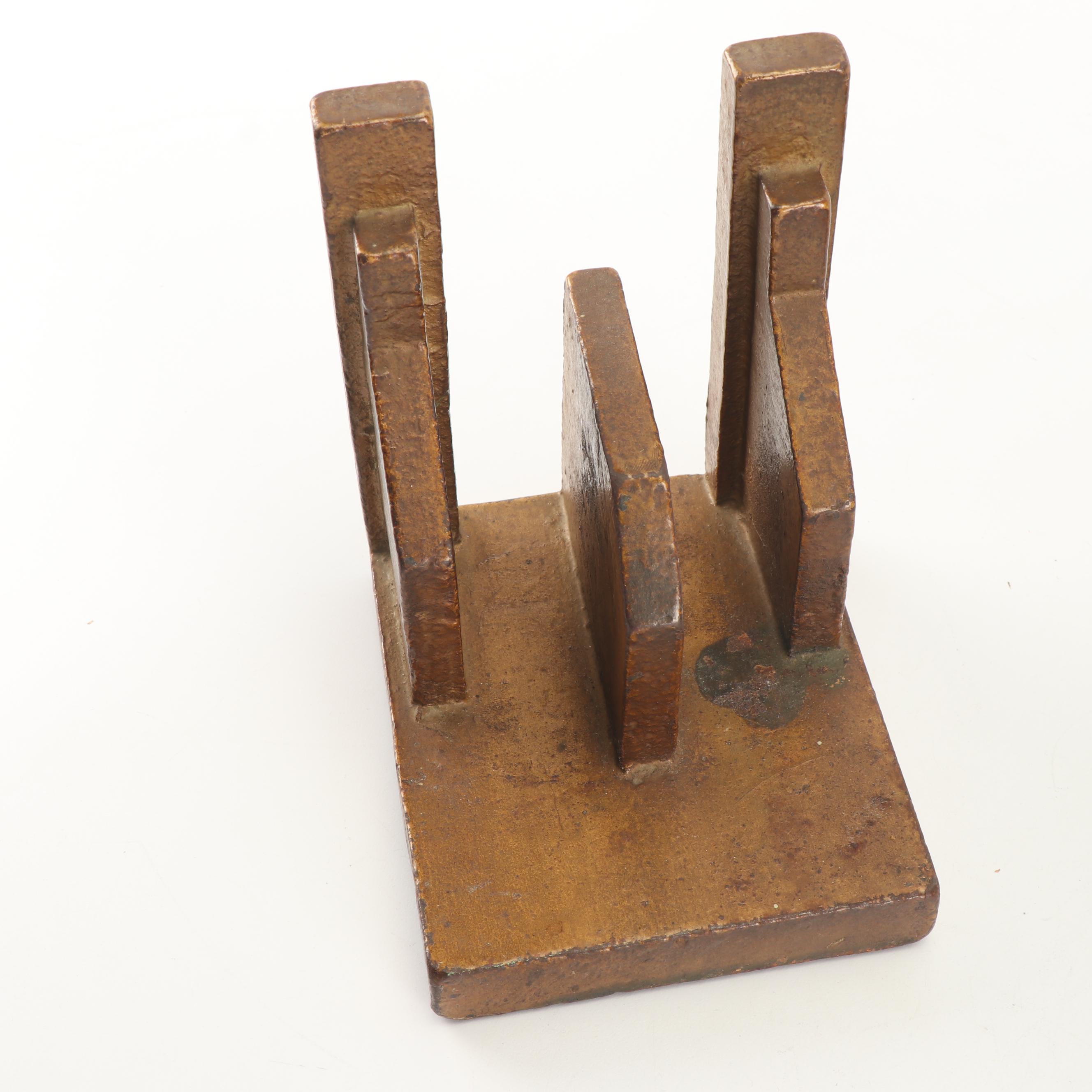 Brutalist Style Bronze Patinated Cast Iron Letter Holder Bookends