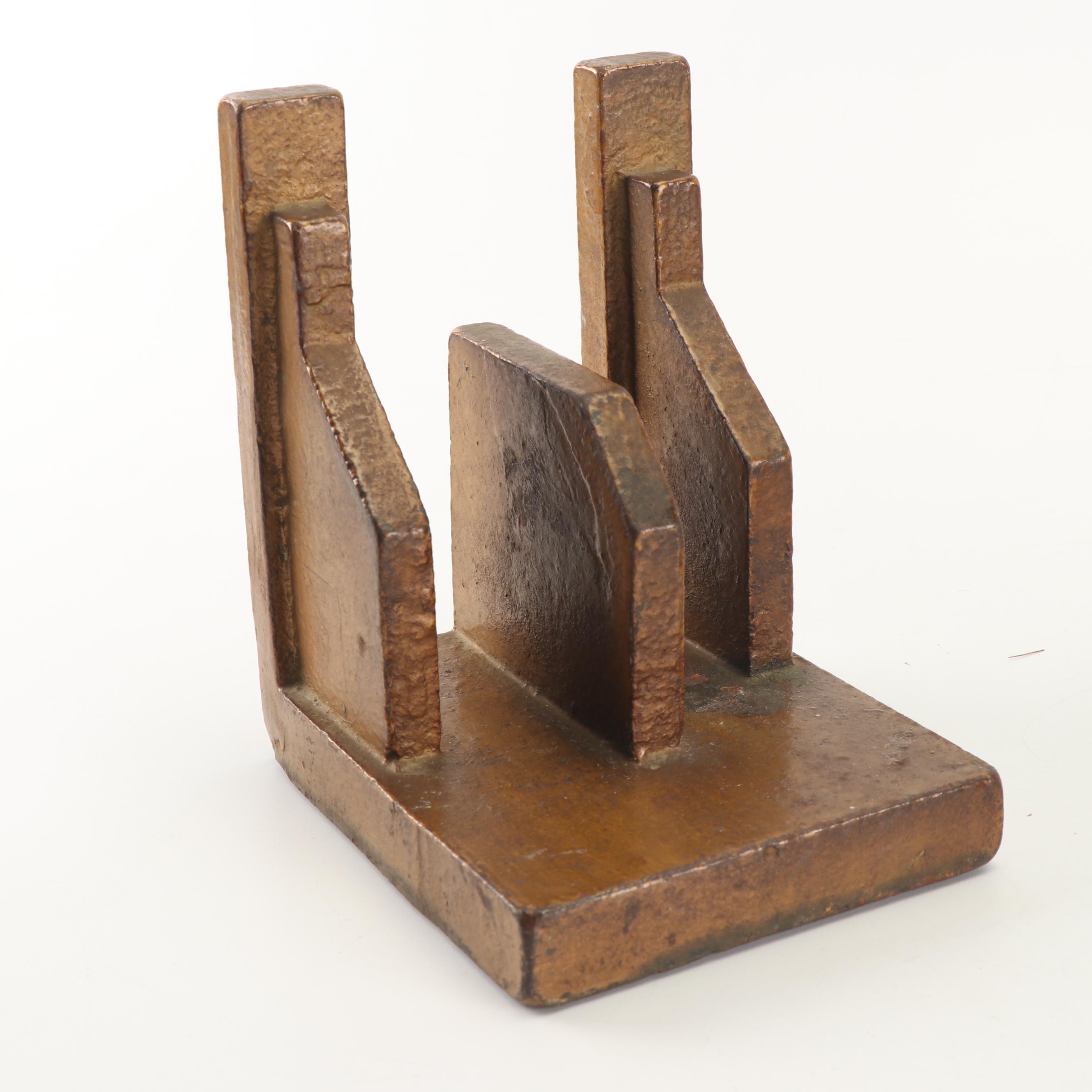 Brutalist Style Bronze Patinated Cast Iron Letter Holder Bookends