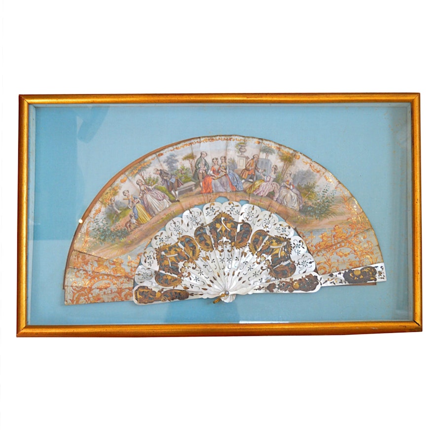 Framed Antique Hand Fan with Mother-of-Pearl