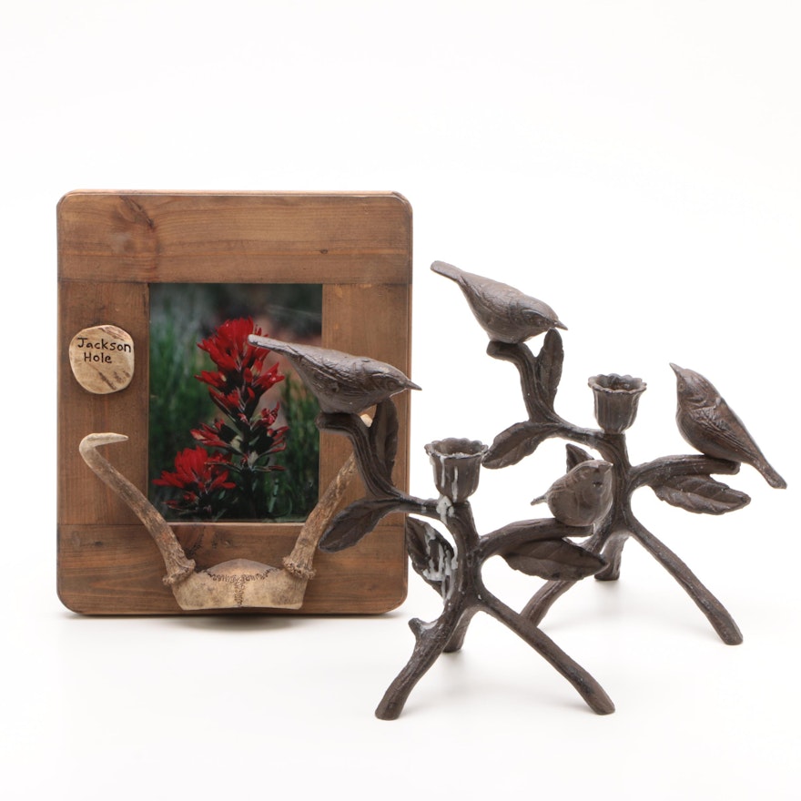 Cast Iron Bird Candlesticks and Jackson Hole Wooden Picture Frame