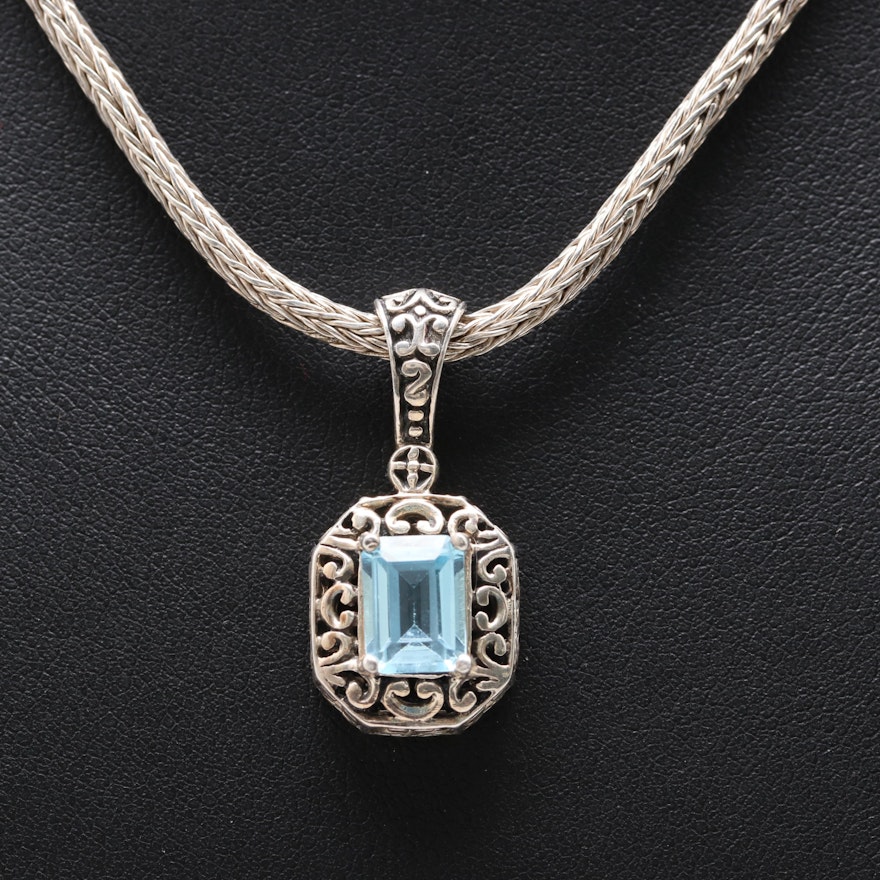 Sterling Silver Bali Style Blue Topaz Pendant Necklace