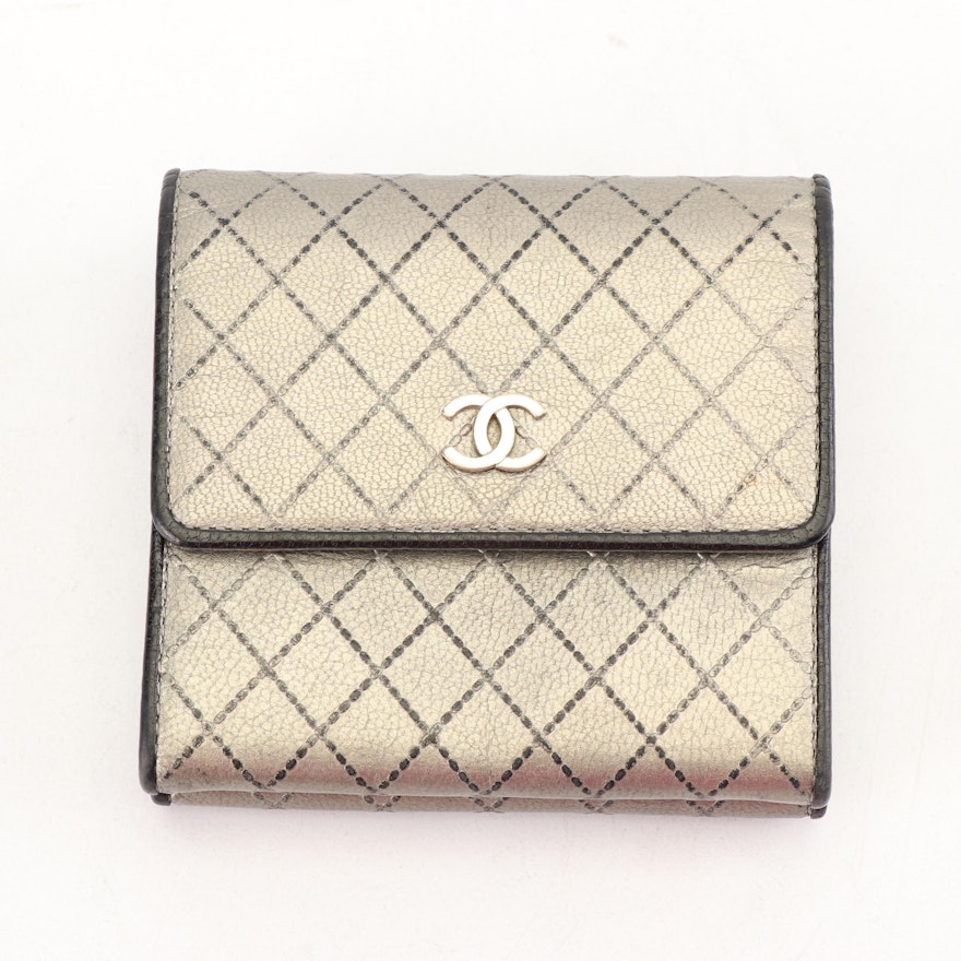 Vintage Chanel Quilted Pattern Metallic Lambskin Double-Sided Wallet