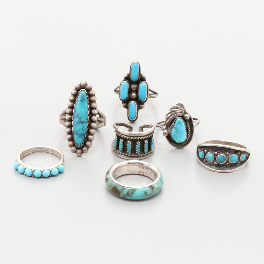 Sterling Turquoise and Imitation Stone Rings Including Justin Morris Navajo Diné