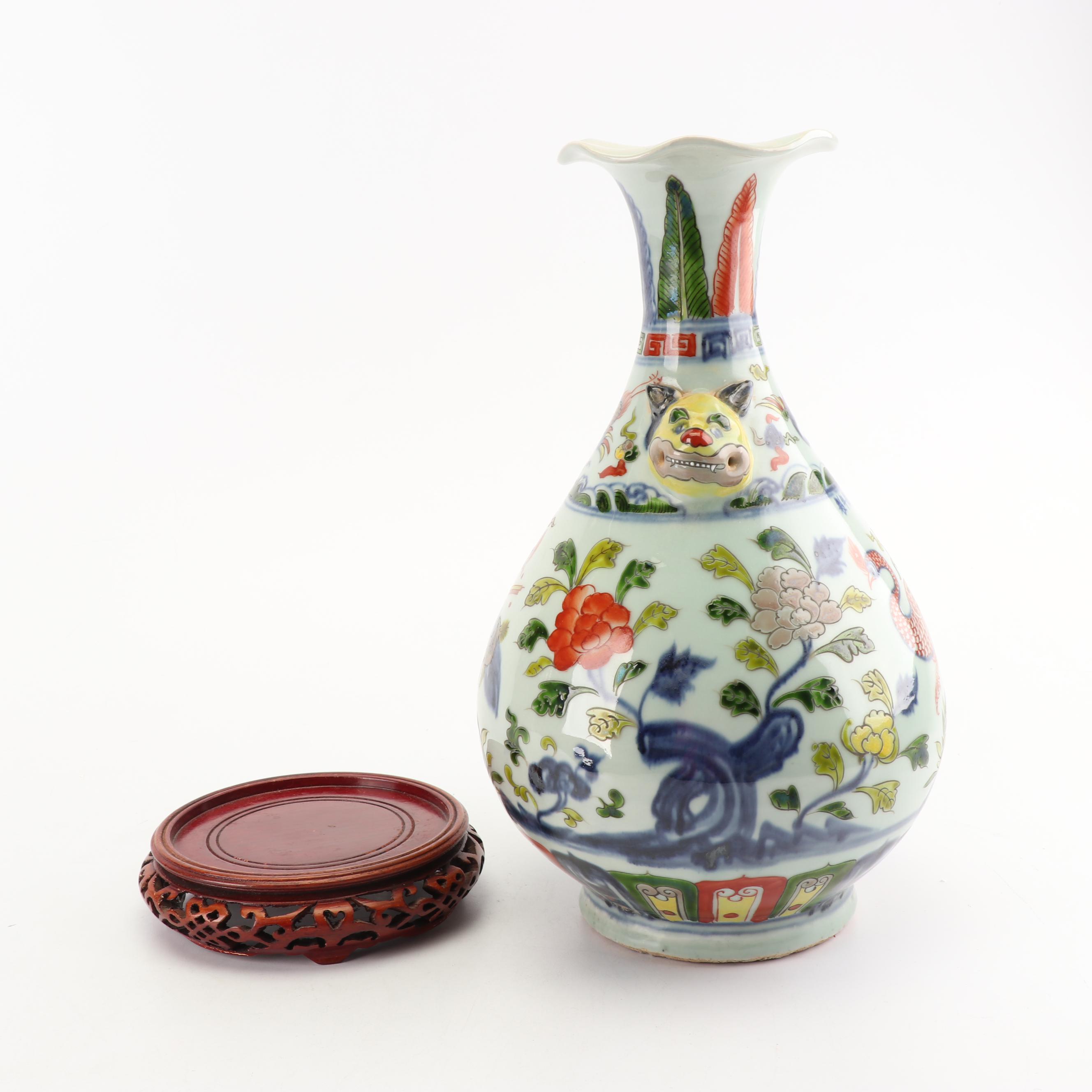 Chinese Wucai Stoneware Vase with Wooden Stand
