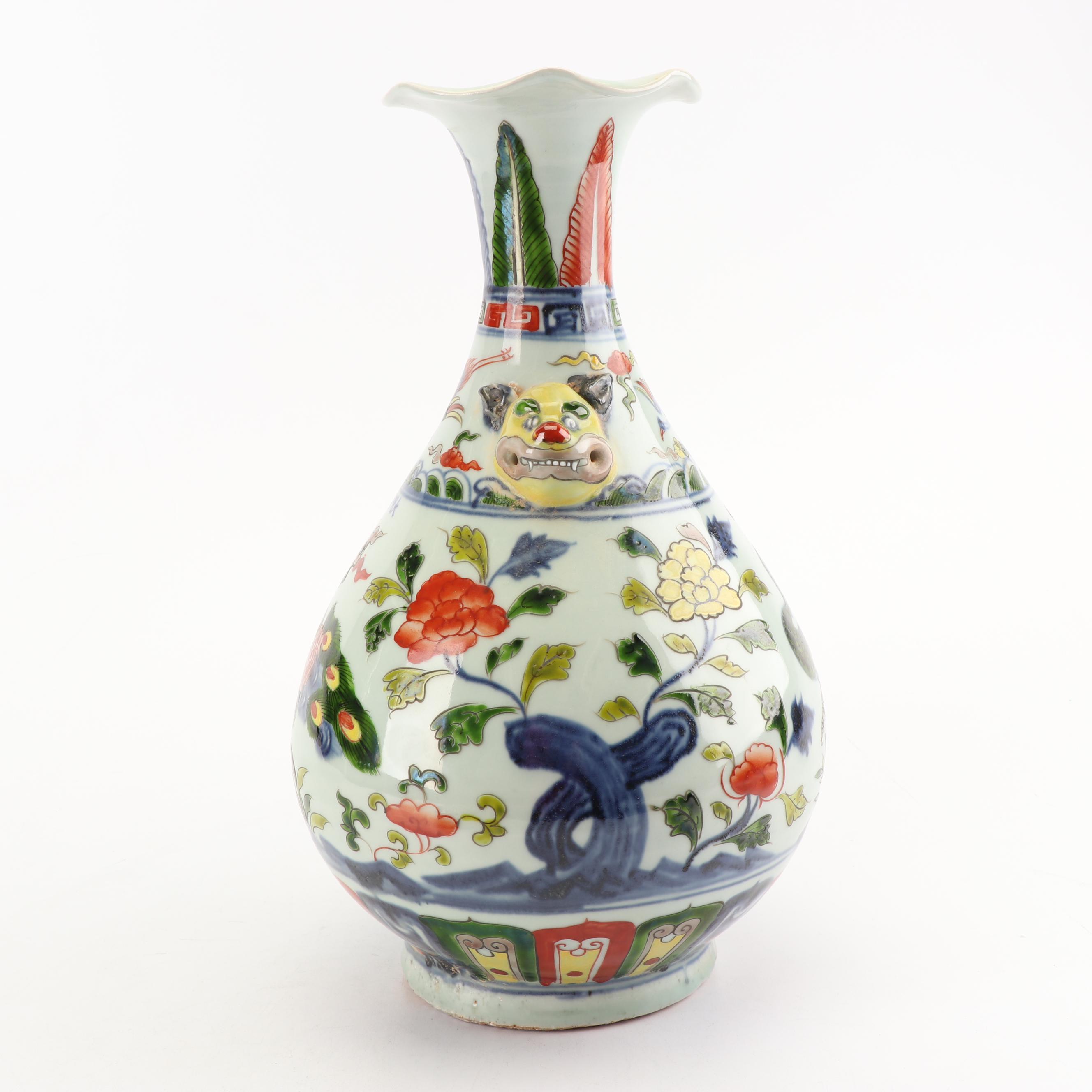 Chinese Wucai Stoneware Vase with Wooden Stand