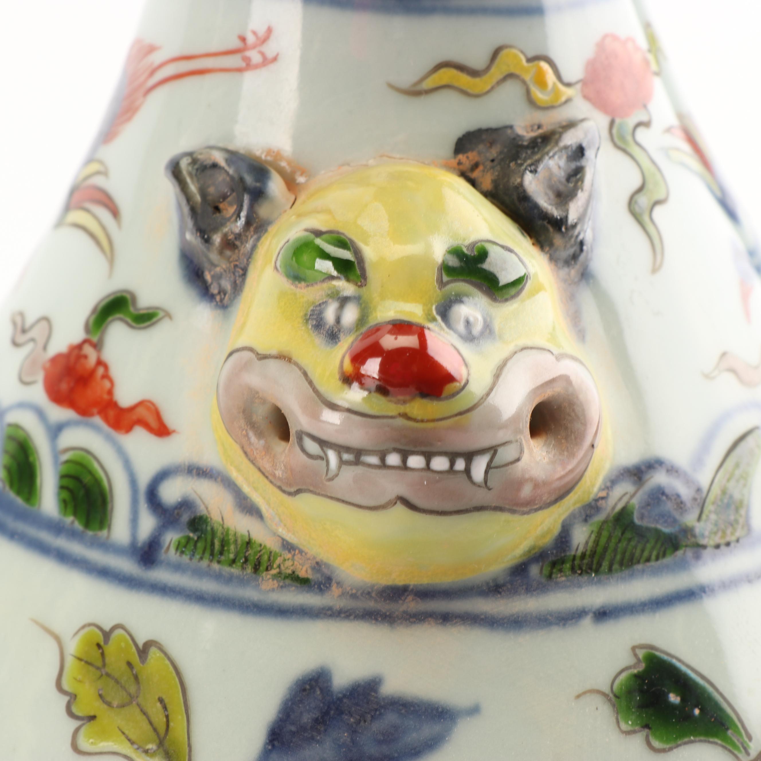 Chinese Wucai Stoneware Vase with Wooden Stand