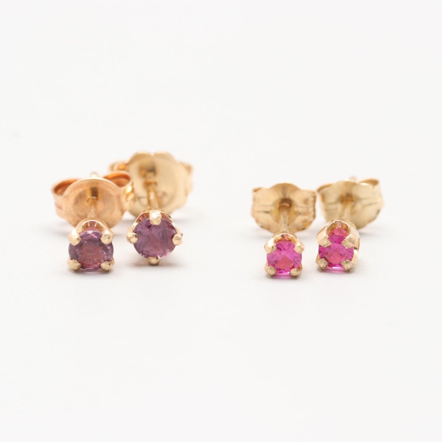 14K Yellow Gold Ruby and Synthetic Ruby Stud Earrings