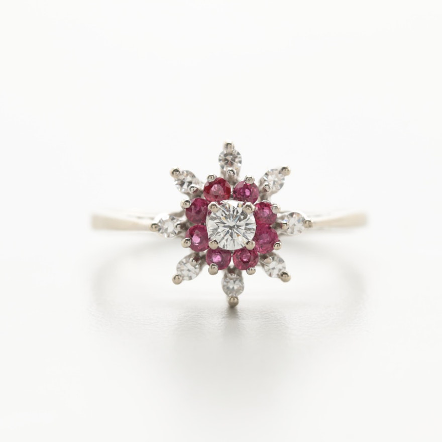 14K White Gold Diamond and Ruby Ring