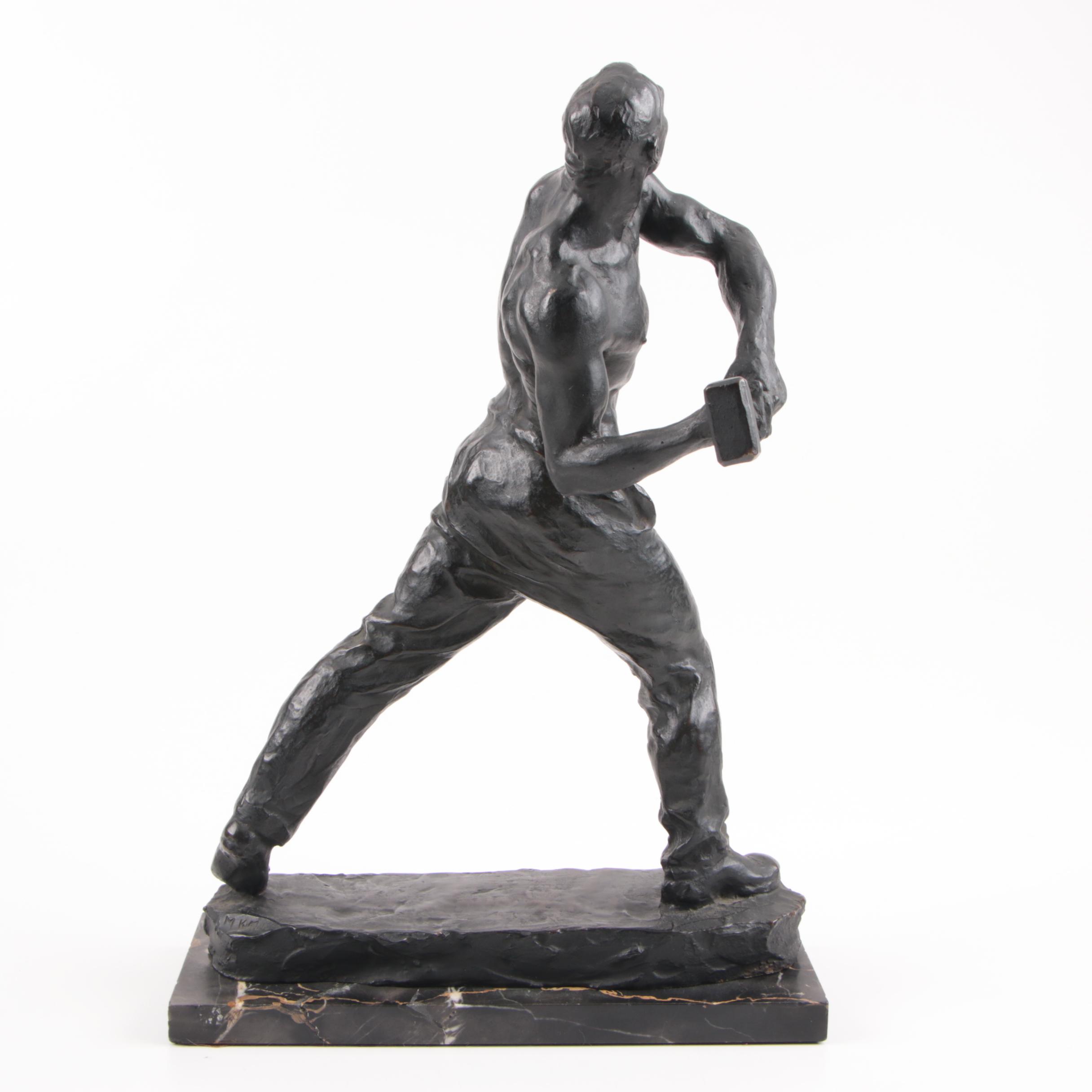 Max Kalish Circa 1930 Bronze Sculpture of Laborer on Porto D'Oro Base