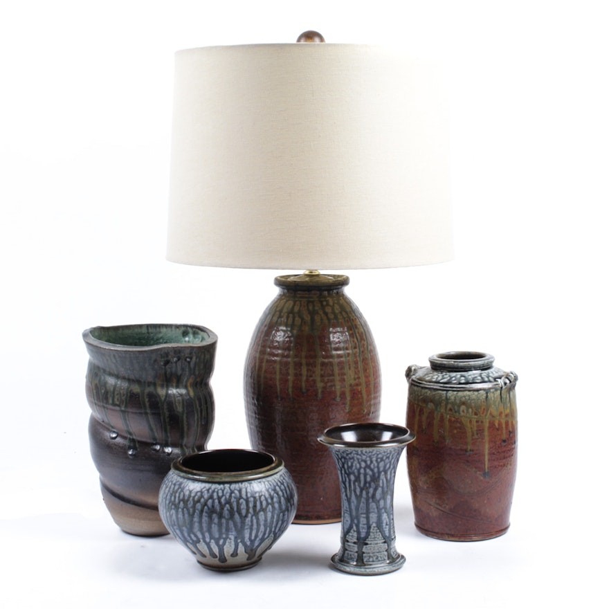 Signed Art Pottery Vases and Table Lamp