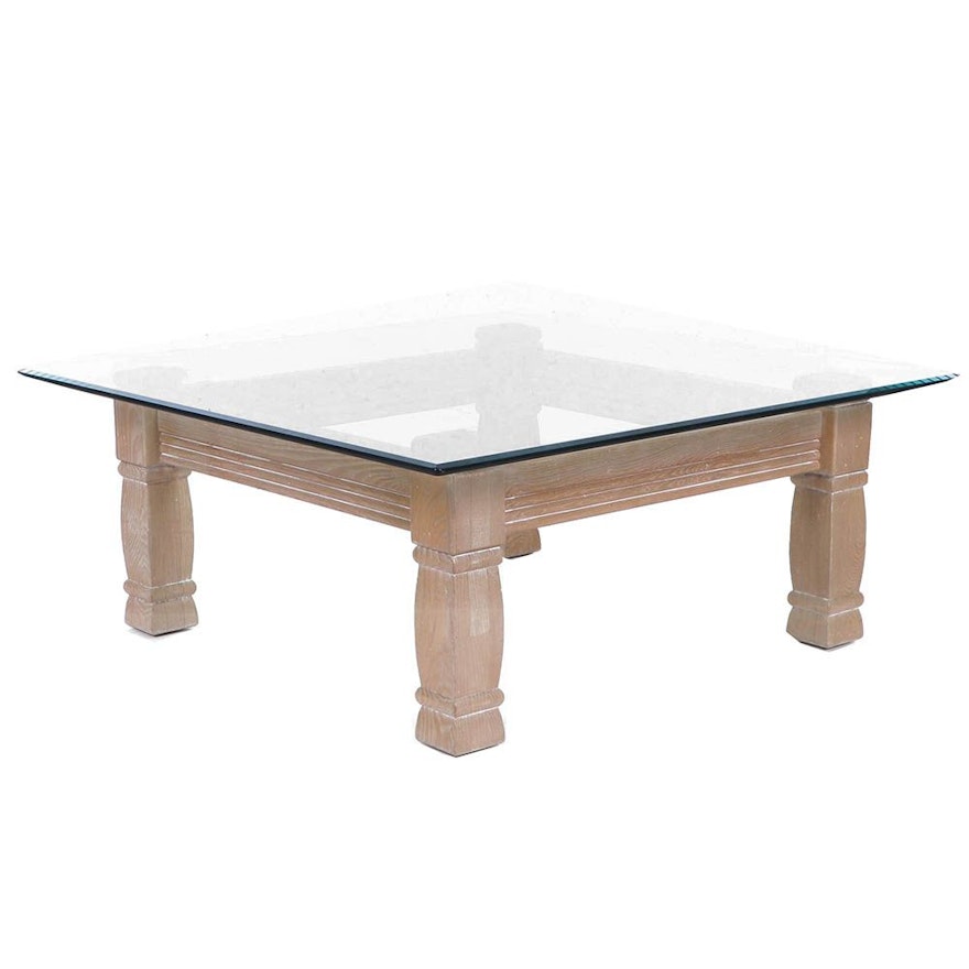 Pickled Oak Glass Top Coffee Table, 21st Century