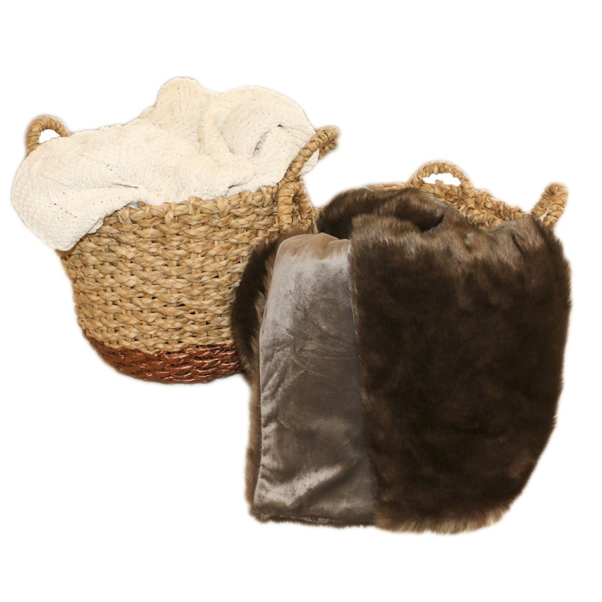 Woven Storage Baskets with Faux Mink and Knit Throws