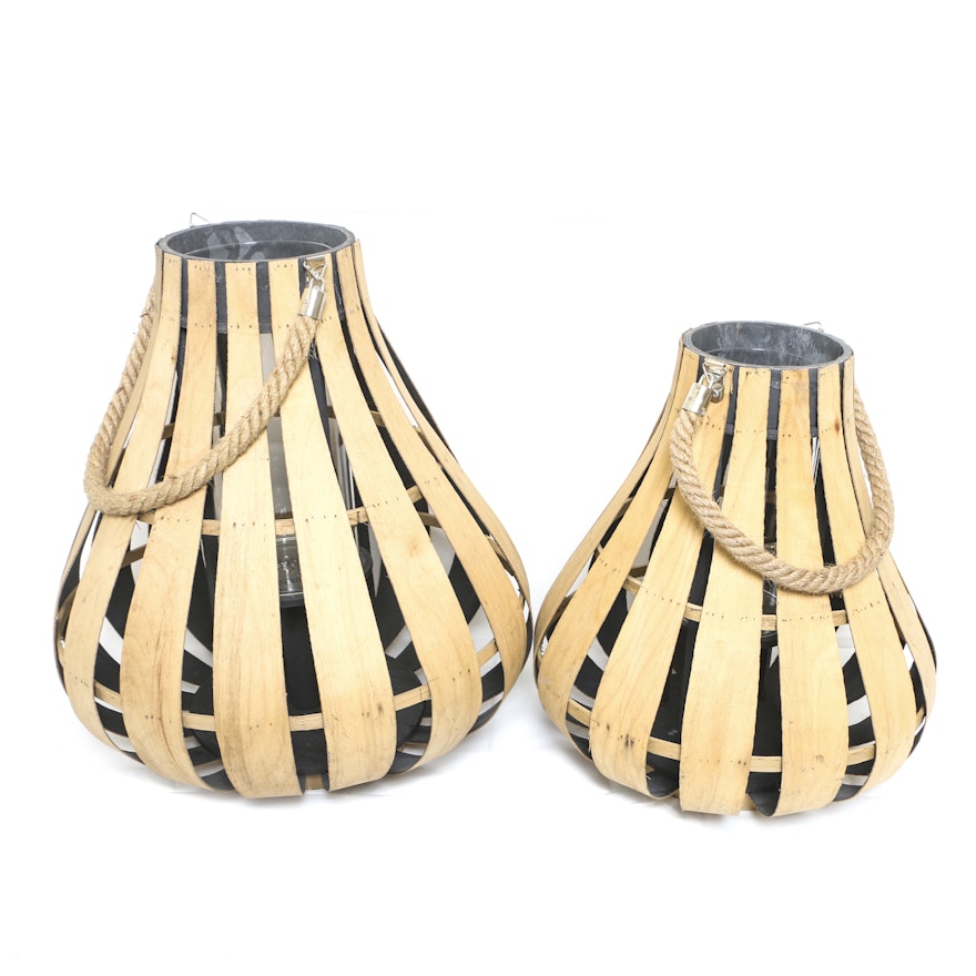 Banded Wood Candle Lanterns with Hanging Rope and Glass Insert