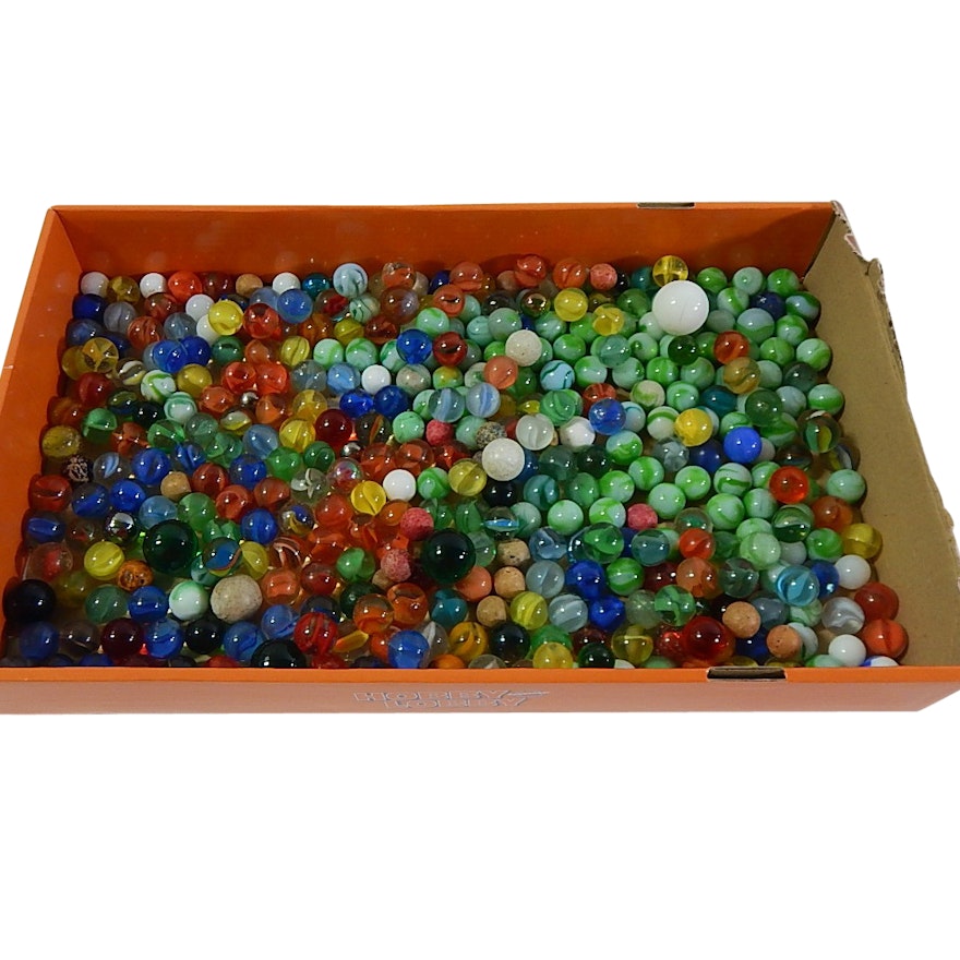 Around 300 Vintage Glass Marbles with Shooters, Ribbons, Swirls, Clay