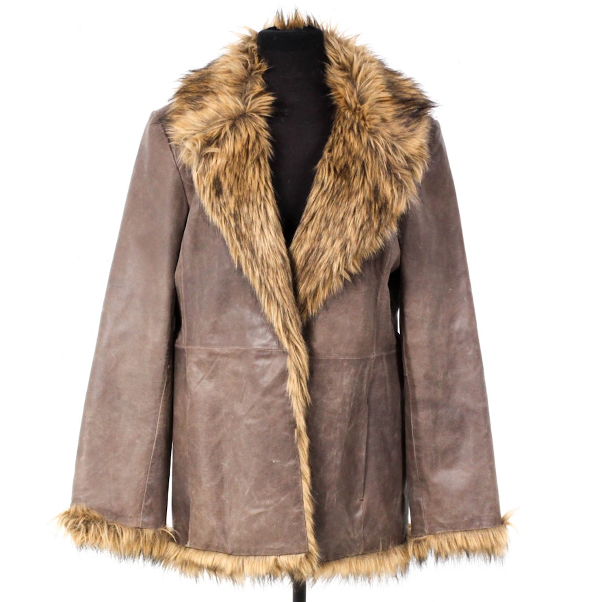 Newport News Easy Style Faux Fur Trimmed Leather Coat