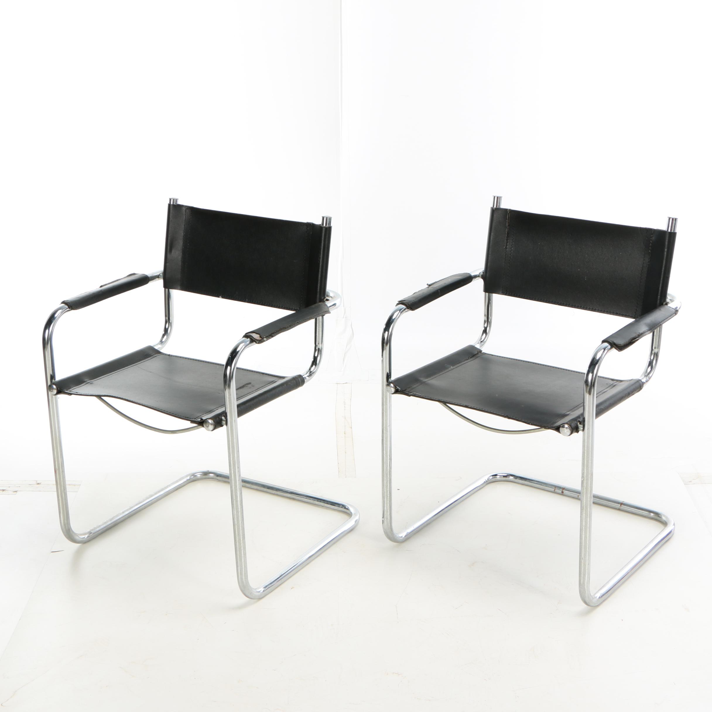 Bauhaus Style Leather Sling Metal Cantilever Armchairs, 20th Century