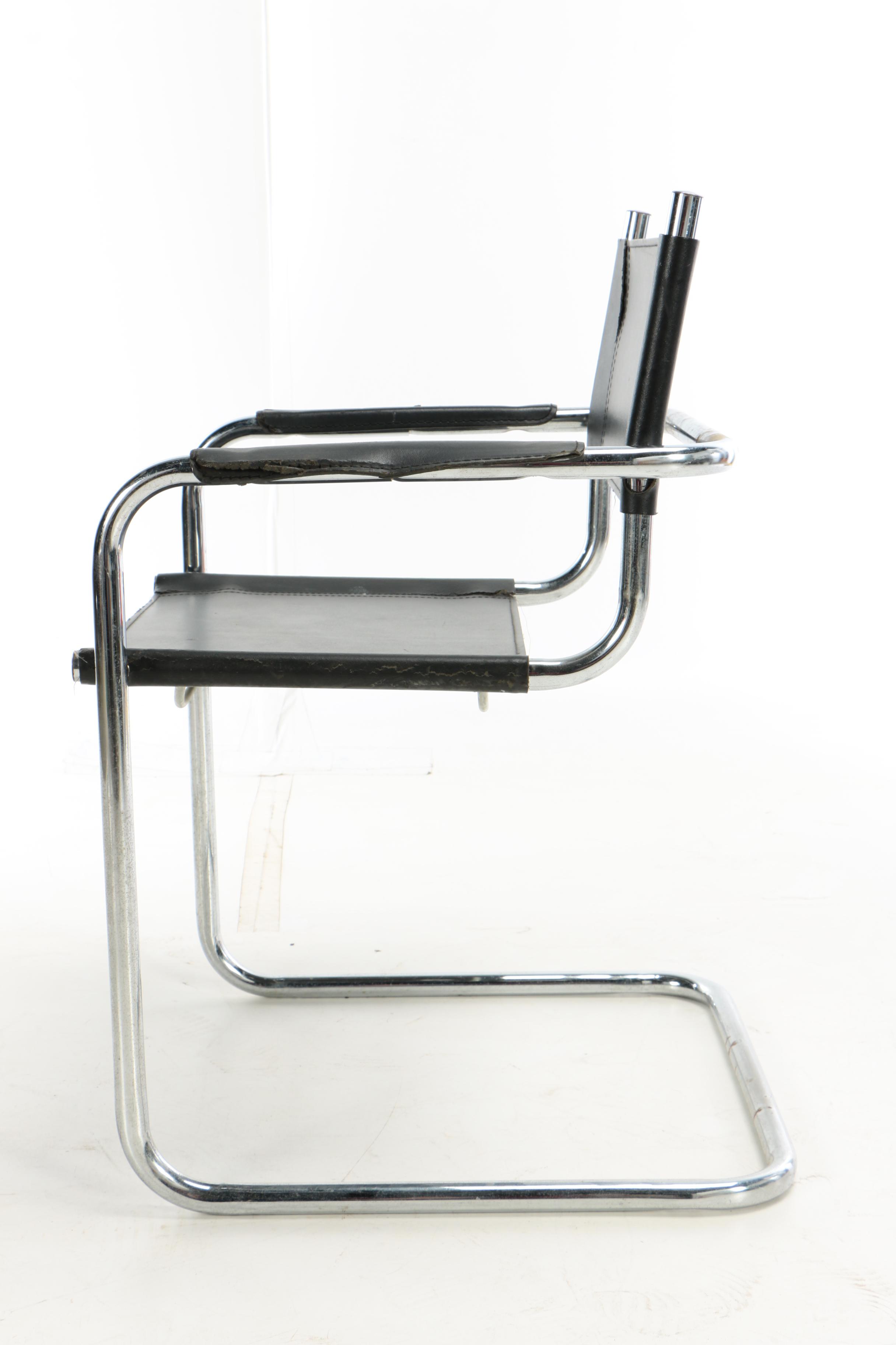 Bauhaus Style Leather Sling Metal Cantilever Armchairs, 20th Century