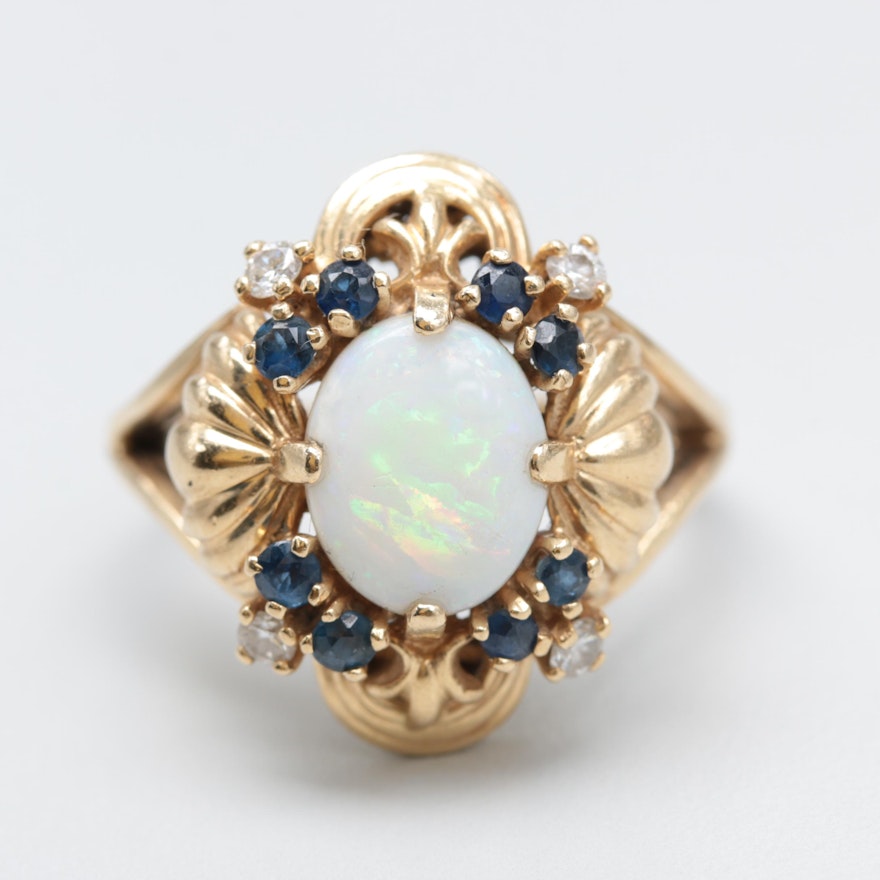 Franklin Mint 14K Yellow Gold Opal, Blue Sapphire and Diamond Ring